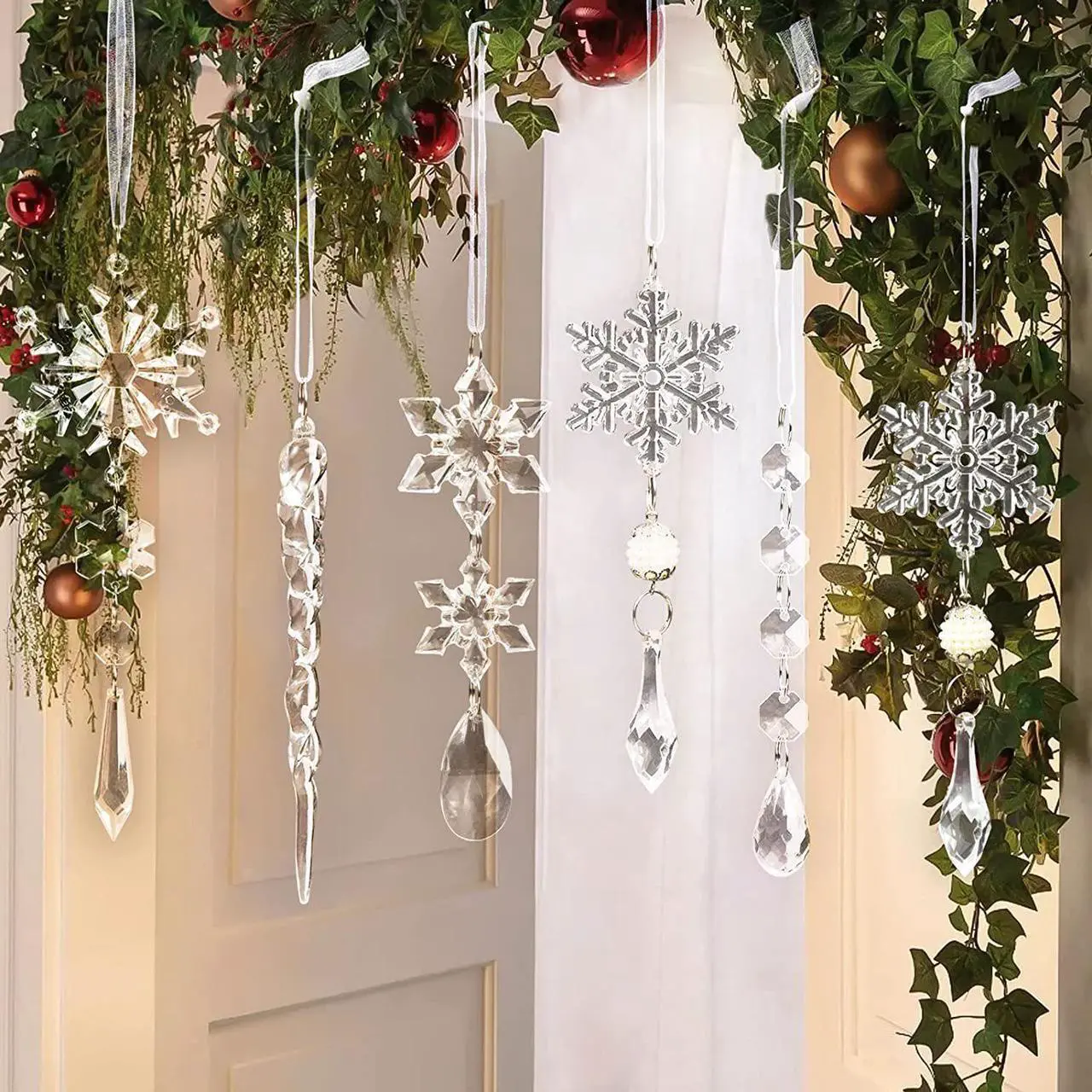 Alt view image 2 of 7 - 20pcs Crystal Christmas Ornaments for Christmas Tree Decorations-Hanging Acrylic Snowflake and Icicle Ornaments with Drop Pendants for Christmas Tree New Year Party Decorations Supplies