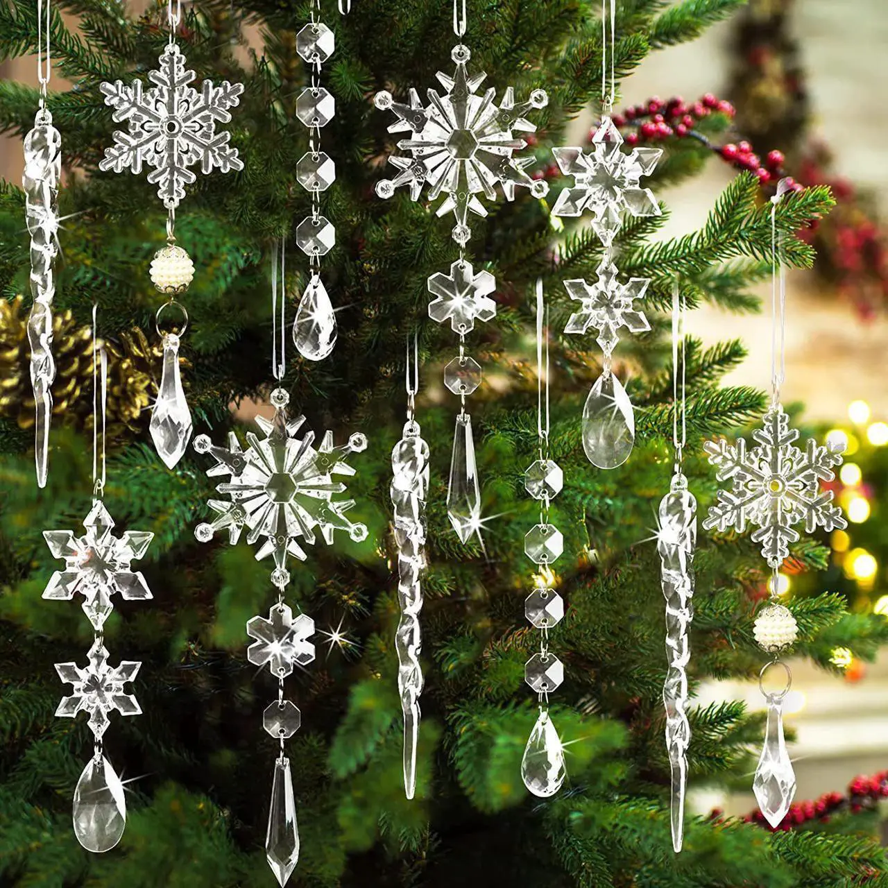 Main image of 20pcs Crystal Christmas Ornaments for Christmas Tree Decorations-Hanging Acrylic Snowflake and Icicle Ornaments with Drop Pendants for Christmas Tree New Year Party Decorations Supplies