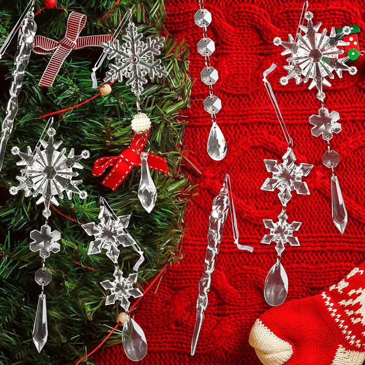 Alt view image 5 of 7 - 20pcs Crystal Christmas Ornaments for Christmas Tree Decorations-Hanging Acrylic Snowflake and Icicle Ornaments with Drop Pendants for Christmas Tree New Year Party Decorations Supplies