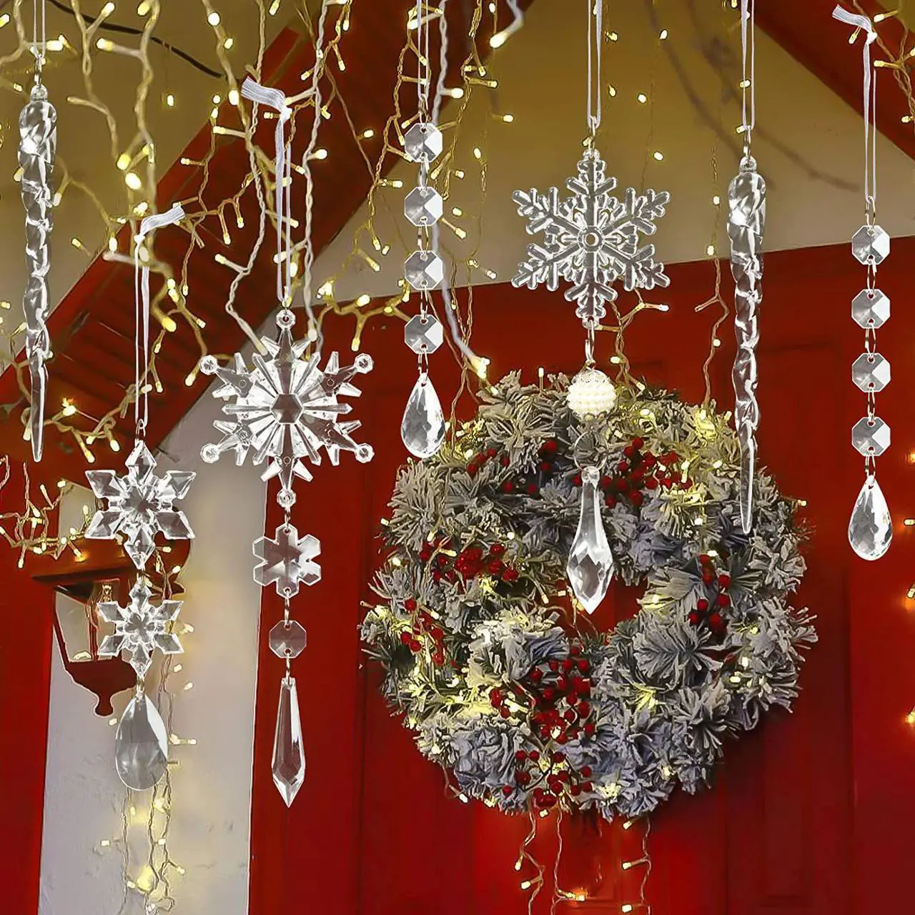 Alt view image 6 of 7 - 20pcs Crystal Christmas Ornaments for Christmas Tree Decorations-Hanging Acrylic Snowflake and Icicle Ornaments with Drop Pendants for Christmas Tree New Year Party Decorations Supplies