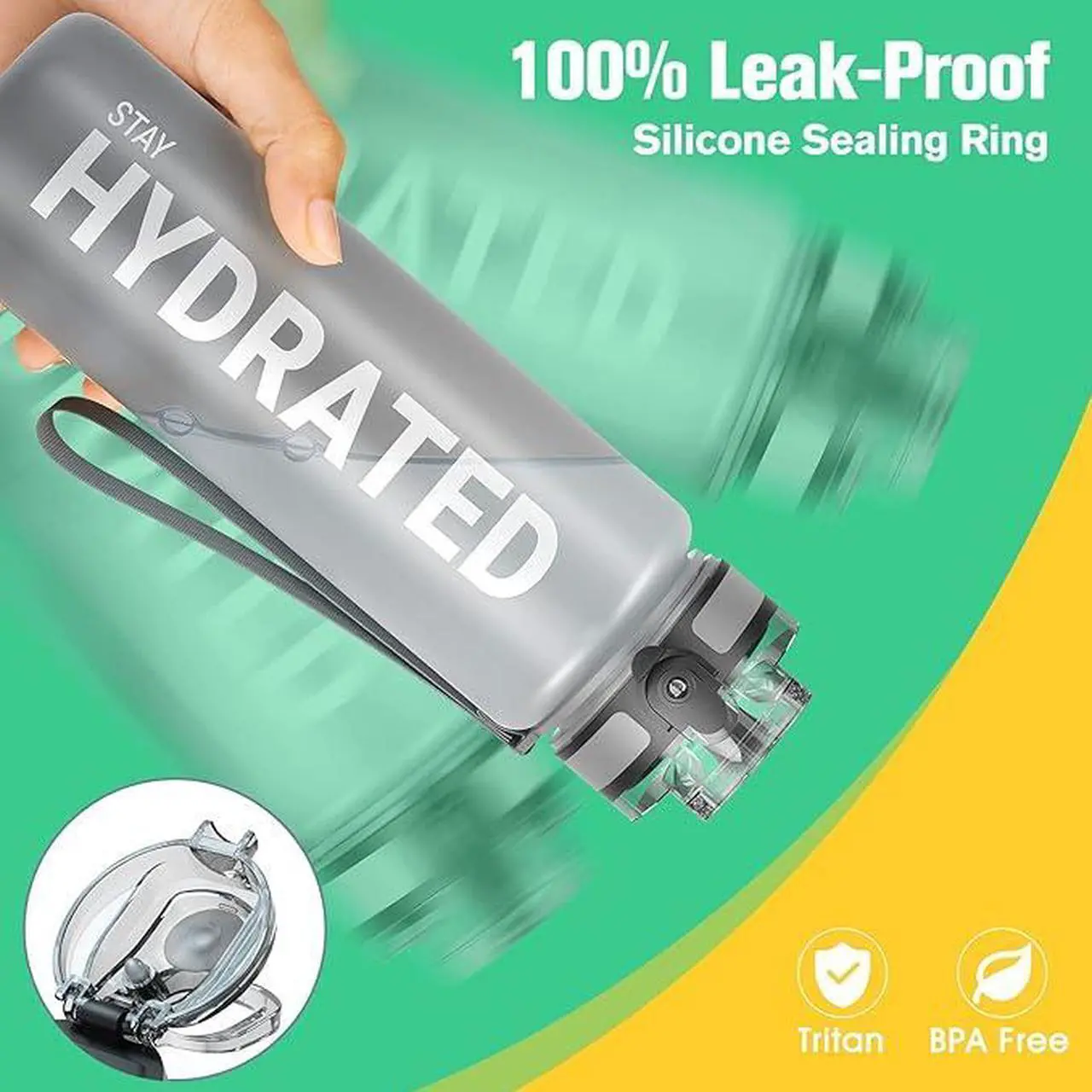 Alt view image 5 of 7 - Water Bottle 32oz, Durable and Leakproof Water Bottles Motivational with Time Marker, Tritan, BPA Free, Wide Mouth with Easy Clean Brush for Gym, Travel, Home, School, Office (1 Bottle)