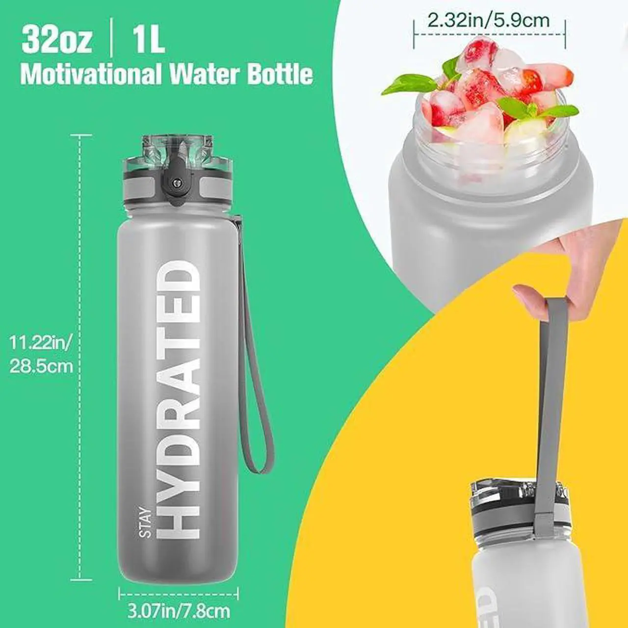 Alt view image 2 of 7 - Water Bottle 32oz, Durable and Leakproof Water Bottles Motivational with Time Marker, Tritan, BPA Free, Wide Mouth with Easy Clean Brush for Gym, Travel, Home, School, Office (1 Bottle)