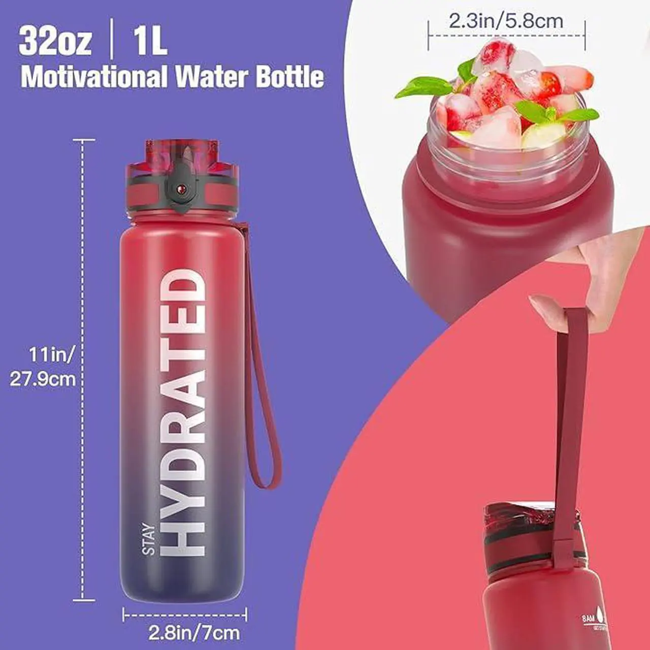 Alt view image 2 of 7 - Water Bottle 32oz, Durable and Leakproof Water Bottles Motivational with Time Marker, Tritan, BPA Free, Wide Mouth with Easy Clean Brush for Gym, Travel, Home, School, Office (1 Bottle)