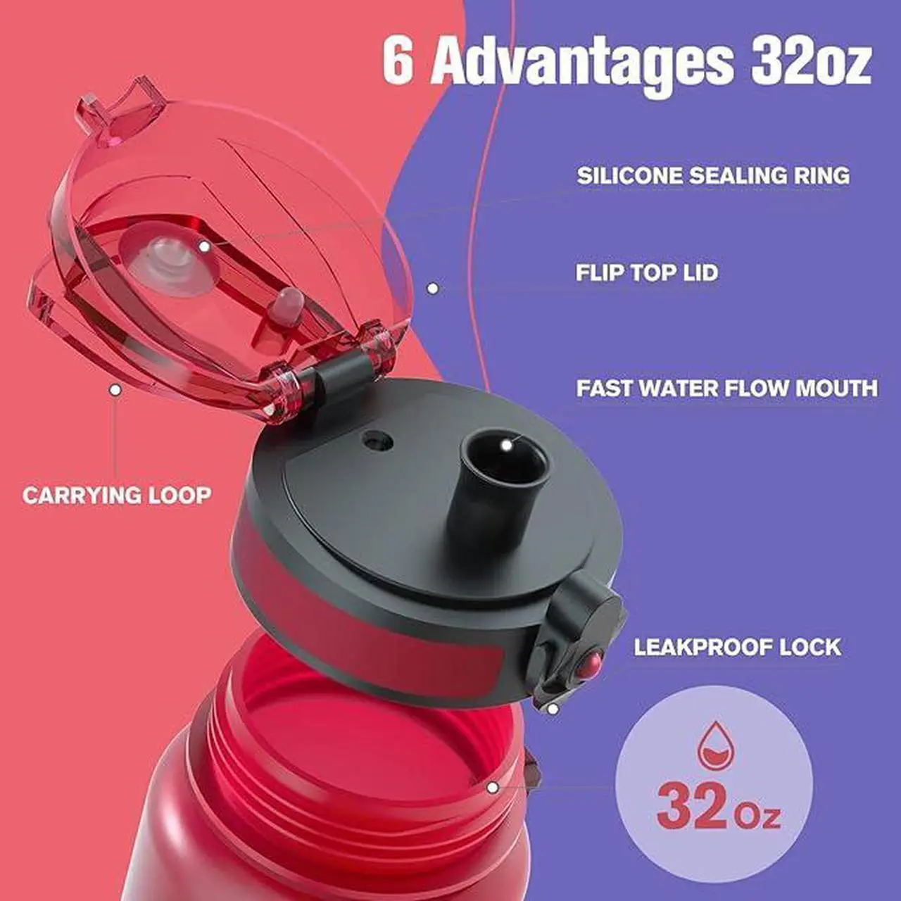 Alt view image 5 of 7 - Water Bottle 32oz, Durable and Leakproof Water Bottles Motivational with Time Marker, Tritan, BPA Free, Wide Mouth with Easy Clean Brush for Gym, Travel, Home, School, Office (1 Bottle)