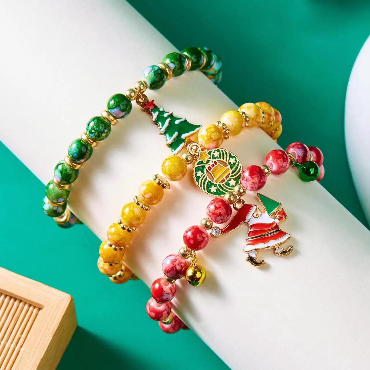 Alt view image 3 of 7 - Christmas Tree Santa Claus Snowman Bead Combination Bracelet for women X-mas gift for kids 12 pieces
