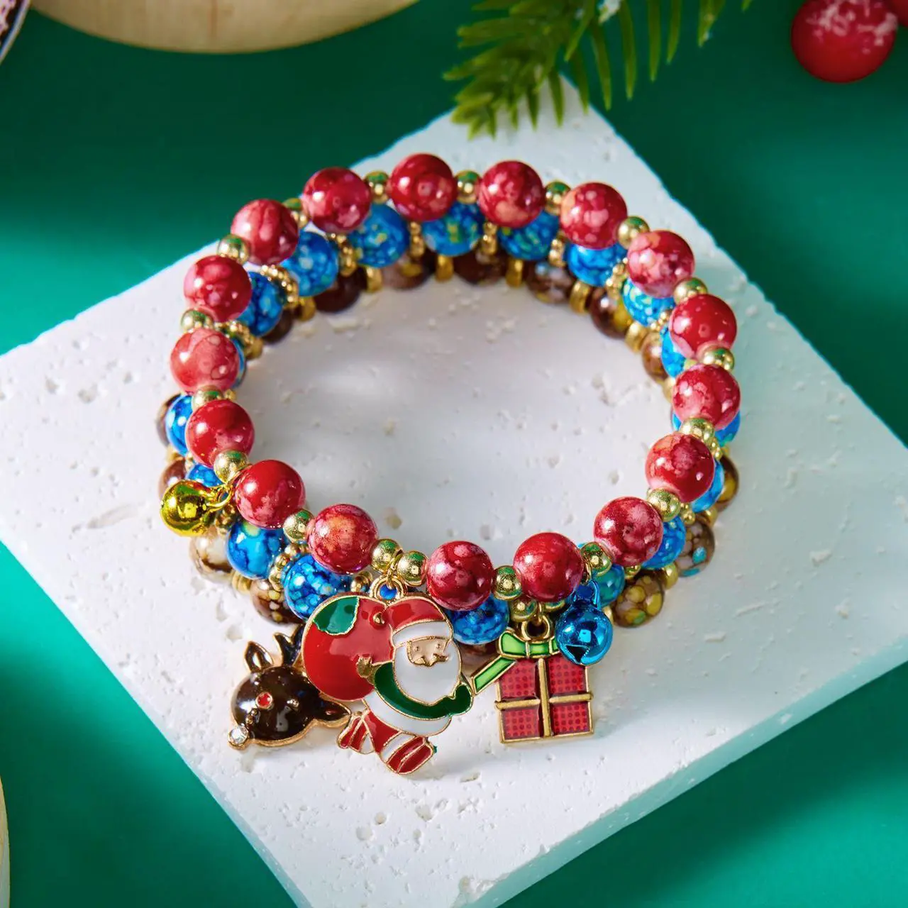Alt view image 2 of 7 - Christmas Tree Santa Claus Snowman Bead Combination Bracelet for women X-mas gift for kids 12 pieces