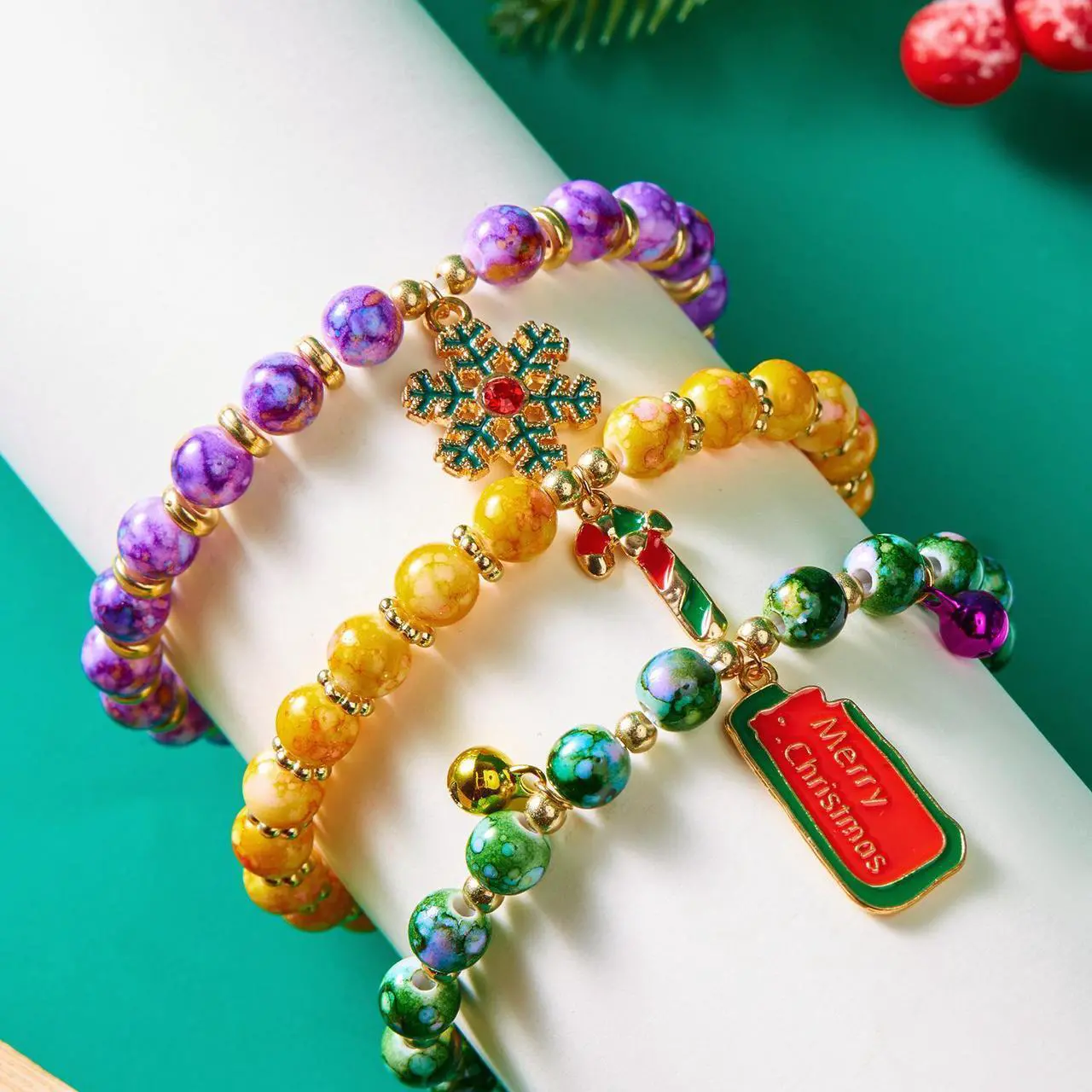 Alt view image 5 of 7 - Christmas Tree Santa Claus Snowman Bead Combination Bracelet for women X-mas gift for kids 12 pieces