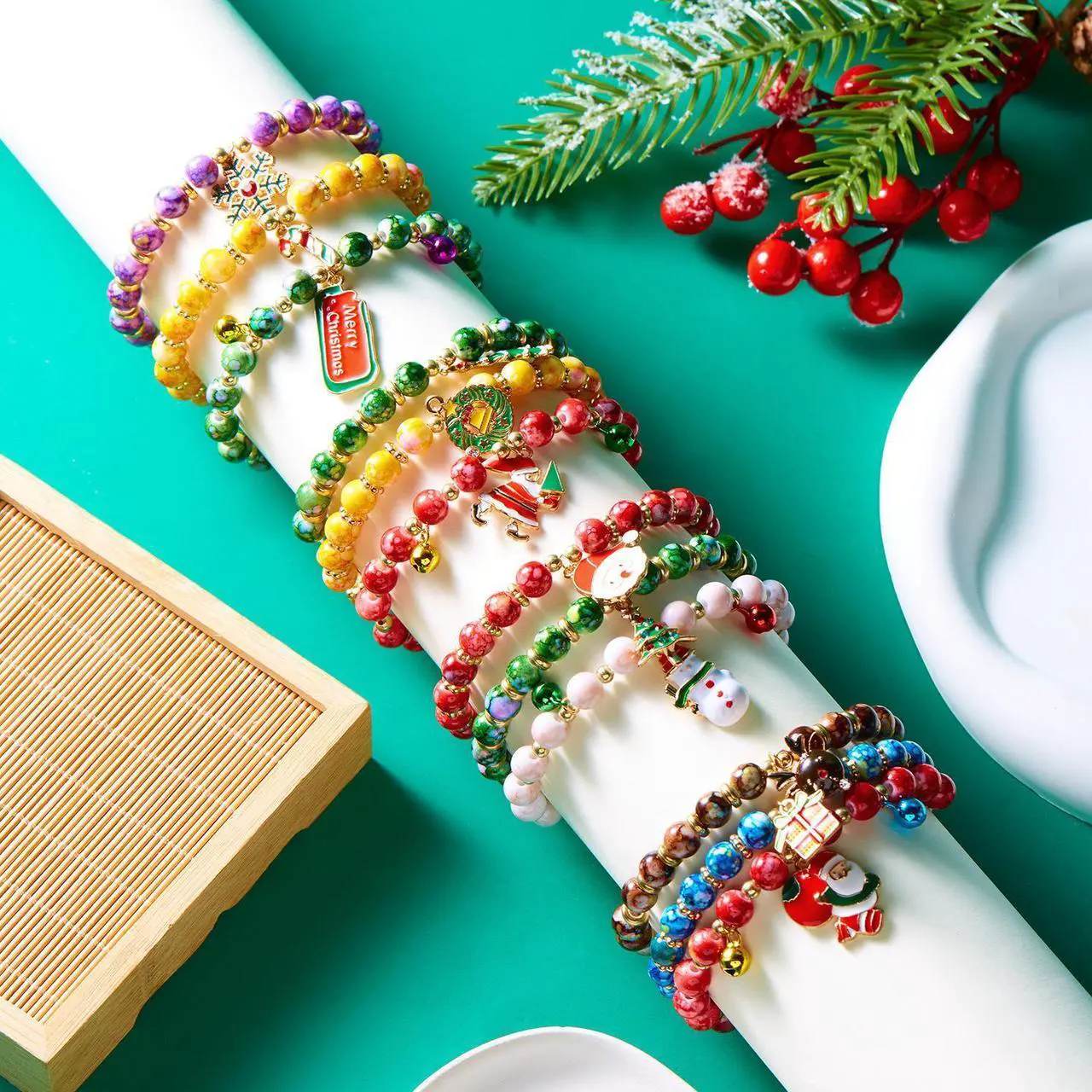 Alt view image 7 of 7 - Christmas Tree Santa Claus Snowman Bead Combination Bracelet for women X-mas gift for kids 12 pieces