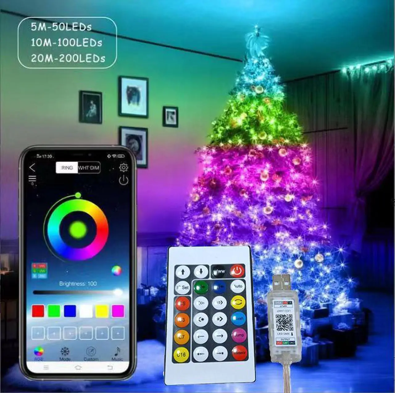 Alt view image 3 of 7 - 66ft 200 LED colorful wire LED light string RGB colored light copper wire light string rainbow rotating USB remote control with 210 changing modes Bluetooth control
