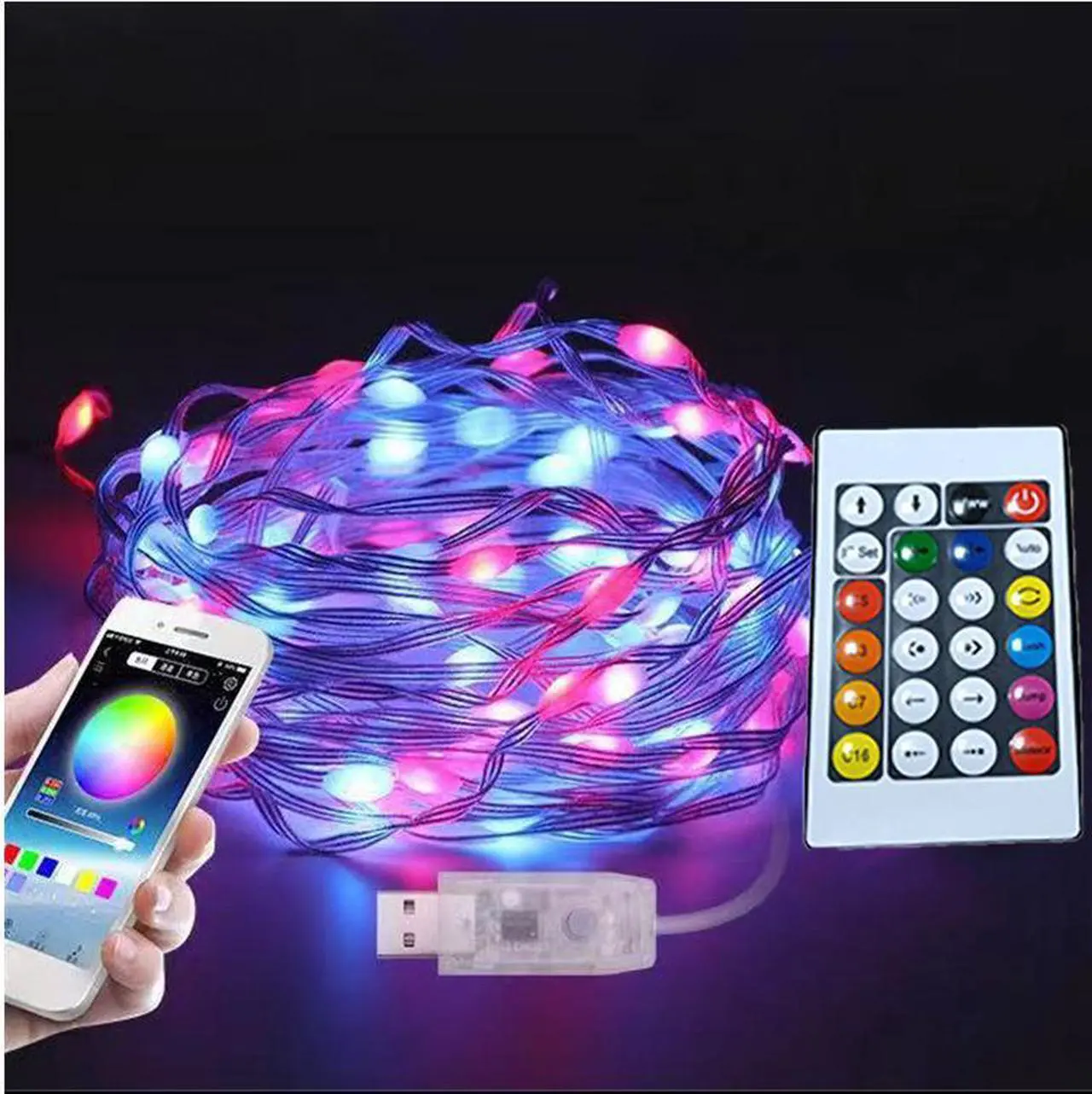 Main image of 66ft 200 LED colorful wire LED light string RGB colored light copper wire light string rainbow rotating USB remote control with 210 changing modes Bluetooth control