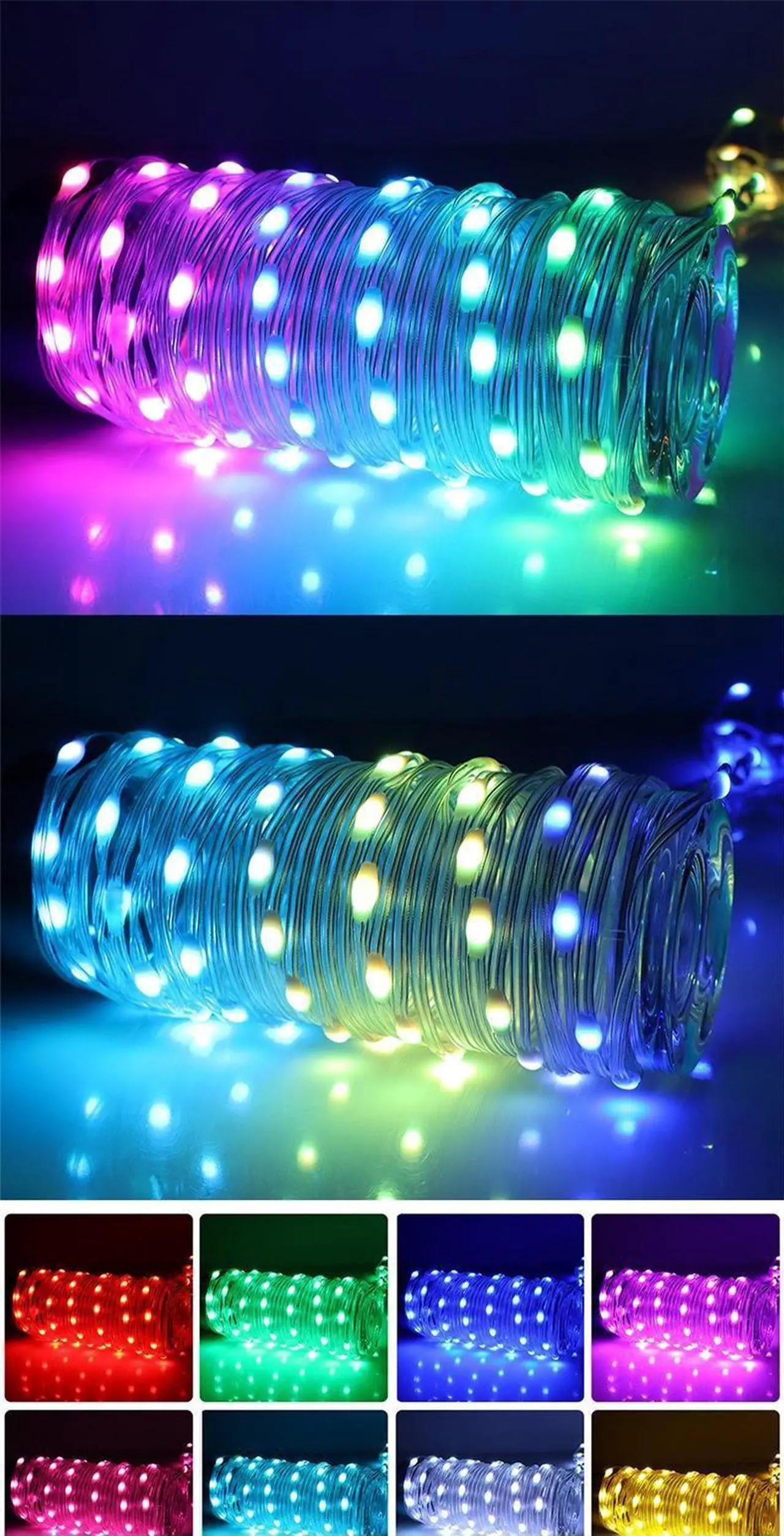 Alt view image 7 of 7 - 66ft 200 LED colorful wire LED light string RGB colored light copper wire light string rainbow rotating USB remote control with 210 changing modes Bluetooth control