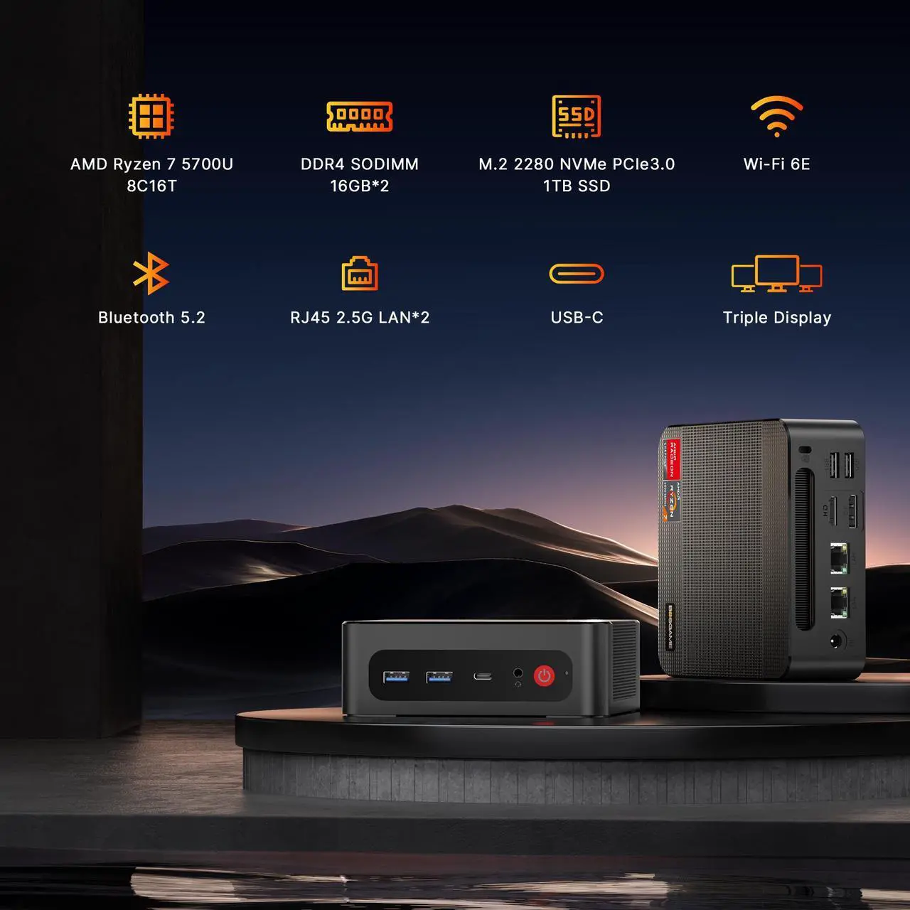 Alt view image 2 of 7 - BOSGAME P4 Ryzen Mini PC Windows 11 Pro, AMD Ryzen 7 5700U 32GB RAM 1TB M.2 SSD Micro Computers, Mini Gaming PC 4K Triple Display/Dual 2.5GbE LAN/WiFi 6 for Gamer/Office/Home 32GB RAM / 1TB NVME SSD