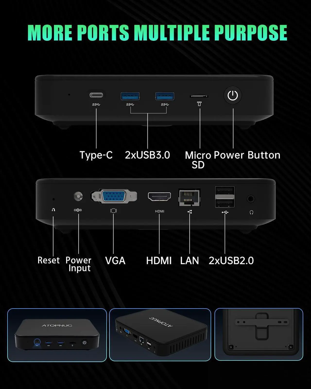 Alt view image 5 of 7 - ATOPNUC AG40 Mini PC,Intel Celeron N4020 4GB LPDDR4 RAM 128GB SSD,Micro Desktop Computer Suppport HDMI&VGA,2.4/5G WiFi,BT5.0,Gigabit Ethernet for Business, Home