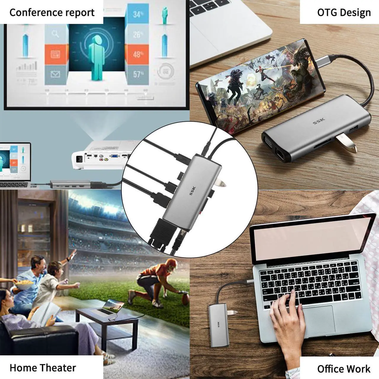 Alt view image 5 of 7 - SSK 11 in 1 USB C HUB, Triple Displays Laptop Docking Station, Type C Multiport Adapter with 2(Dual) HDMI 4K,VGA,PD3.0,SD/TF Card Reader,RJ45 etc. for MacBook/Pro/Air/iMac/XPS and More Type C Device