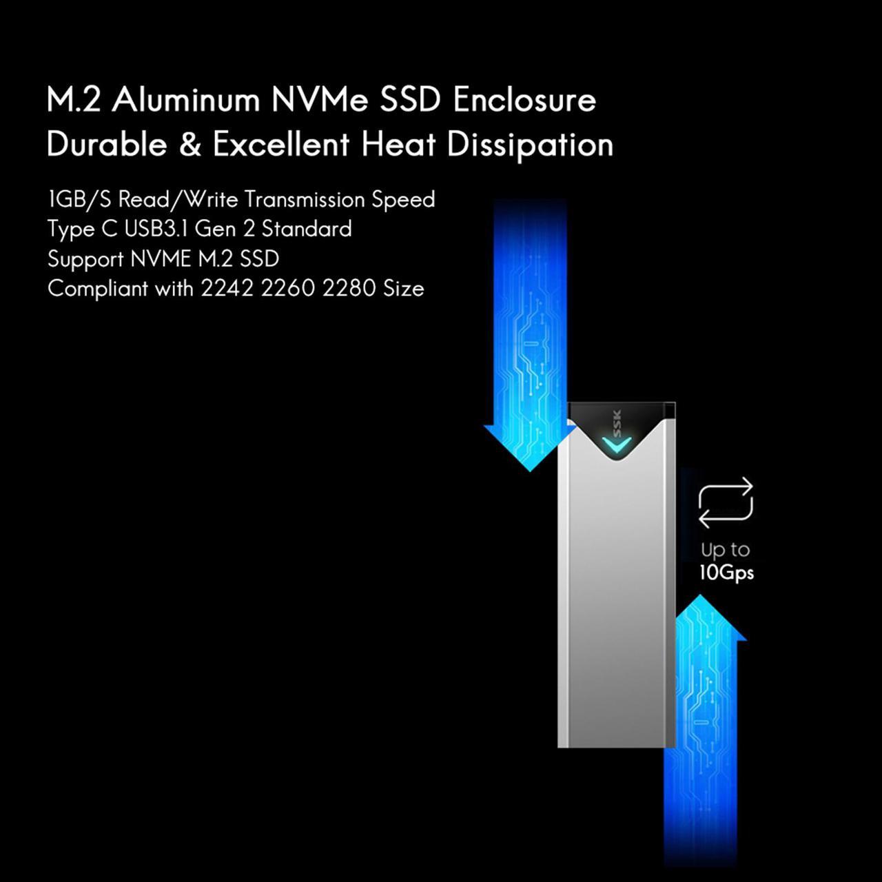 Alt view image 2 of 7 - SSK Aluminum M.2 NVME SSD Enclosure Adapter, USB 3.1 Gen 2 (10 Gbps) to NVME PCI-E M-Key Solid State Drive External Enclosure (Fits only NVMe PCIe 2242/2260/2280)