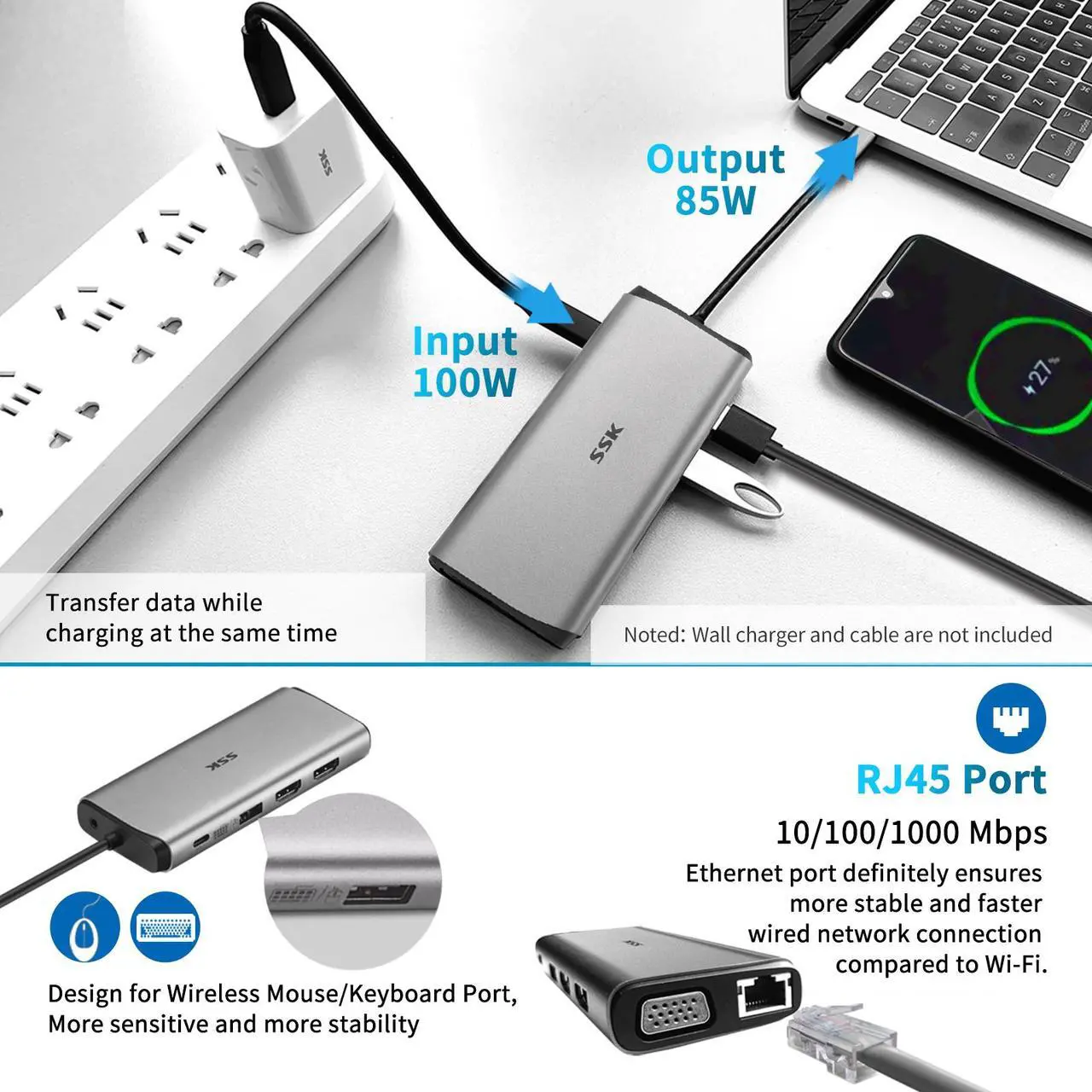 Alt view image 4 of 7 - SSK 11 in 1 USB C HUB, Triple Displays Laptop Docking Station, Type C Multiport Adapter with 2(Dual) HDMI 4K,VGA,PD3.0,SD/TF Card Reader,RJ45 etc. for MacBook/Pro/Air/iMac/XPS and More Type C Device