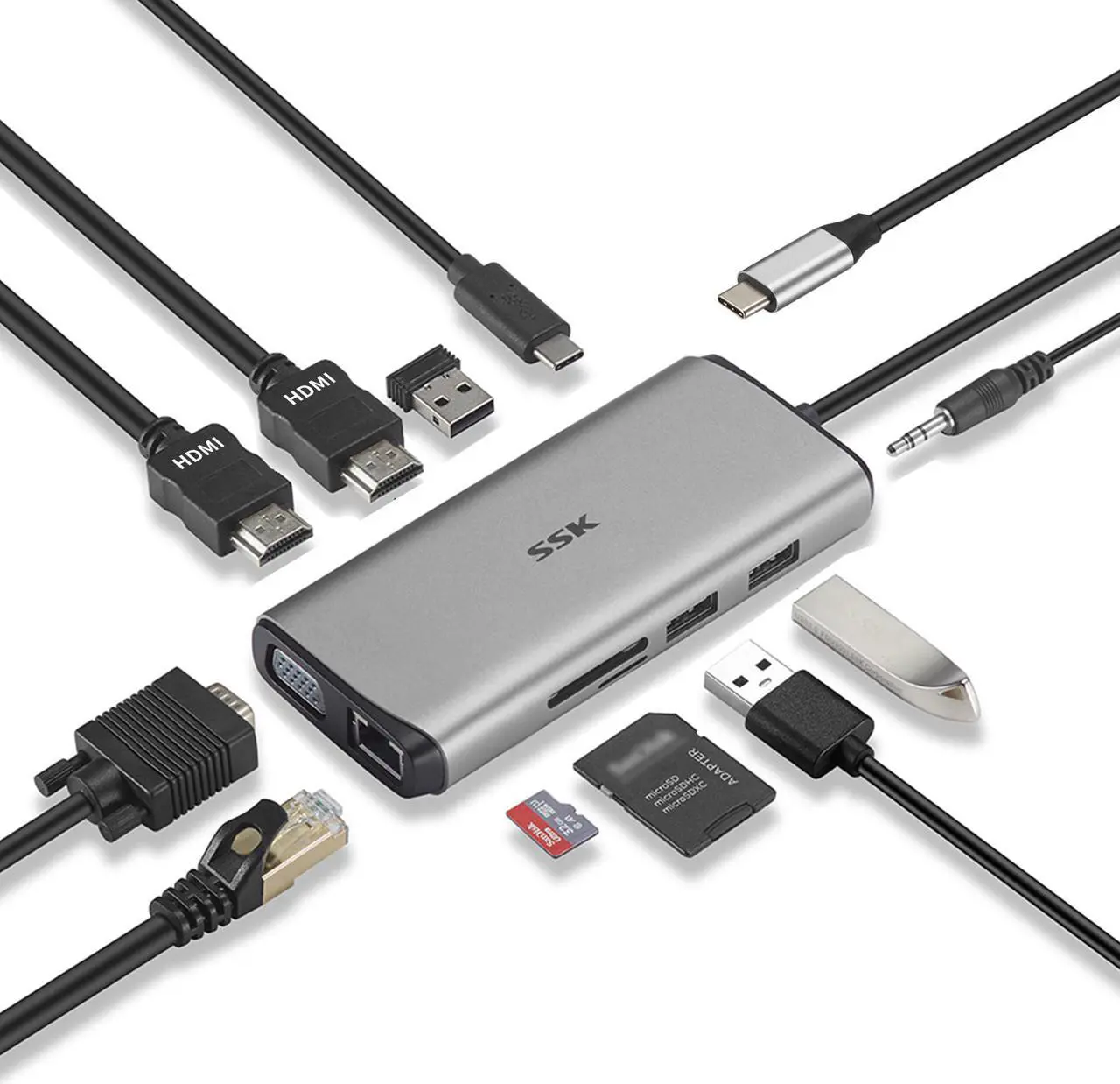 Main image of SSK 11 in 1 USB C HUB, Triple Displays Laptop Docking Station, Type C Multiport Adapter with 2(Dual) HDMI 4K,VGA,PD3.0,SD/TF Card Reader,RJ45 etc. for MacBook/Pro/Air/iMac/XPS and More Type C Device