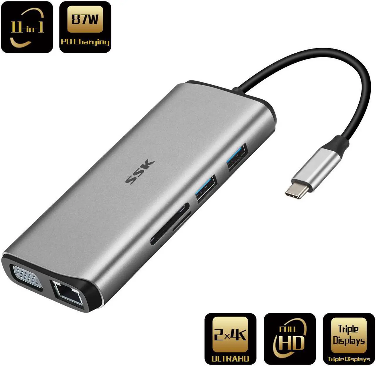 Alt view image 7 of 7 - SSK 11 in 1 USB C HUB, Triple Displays Laptop Docking Station, Type C Multiport Adapter with 2(Dual) HDMI 4K,VGA,PD3.0,SD/TF Card Reader,RJ45 etc. for MacBook/Pro/Air/iMac/XPS and More Type C Device