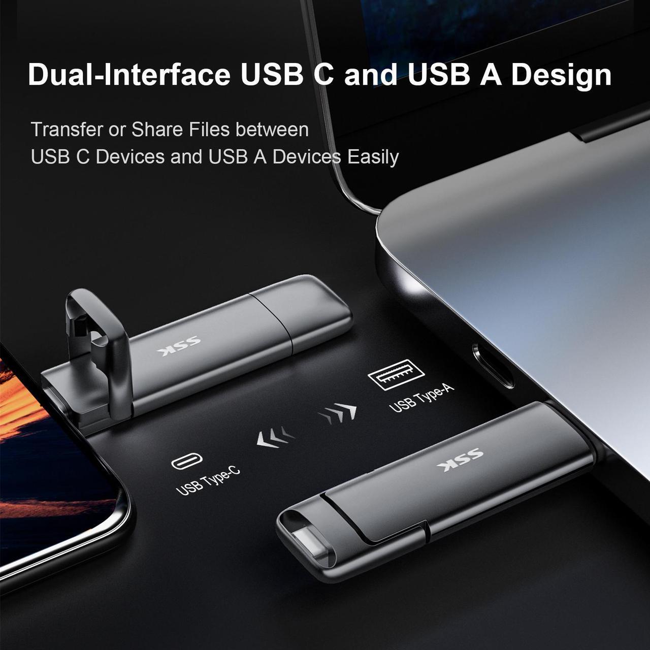 Alt view image 3 of 7 - SSK 1TB USB Drive, External SSD USB Super Fast 550MB/s 2-in-1 Dual Drive USB Type C+ USB A 3.2 Gen2 Solid State Thumb Drive SSD Stick for iPhone 15/PS4/Android Phone/Tablet/Windows/Mac