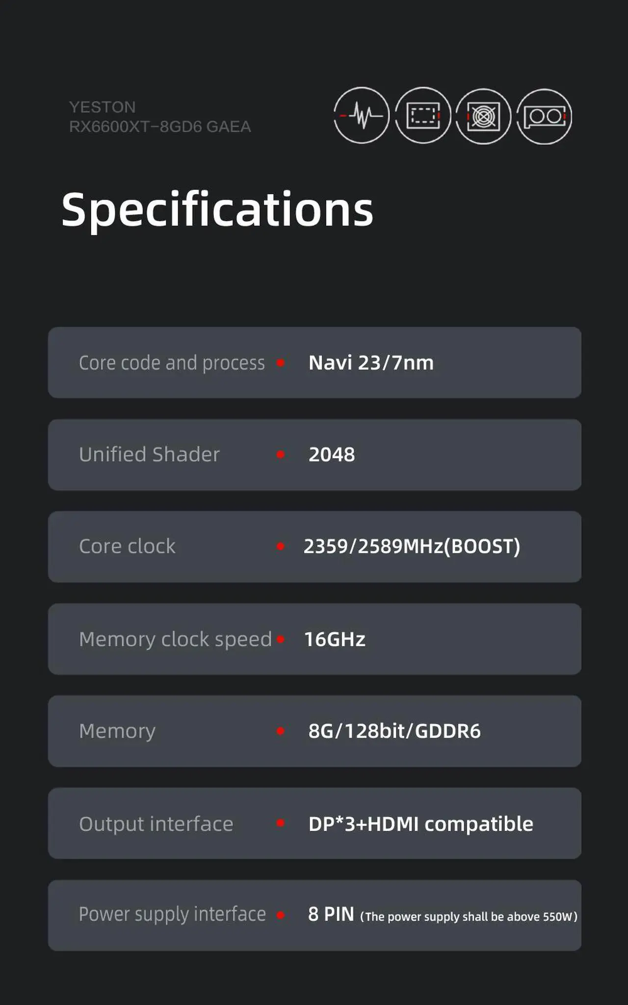 Alt view image 7 of 7 - Yeston Radeon RX 6600 XT 8GB D6 GDDR6 128bit 7nm video cards Desktop computer PC Video Graphics Cards support PCI-Express 4.0 3*DP+1*HDMI-compatible  graphics card