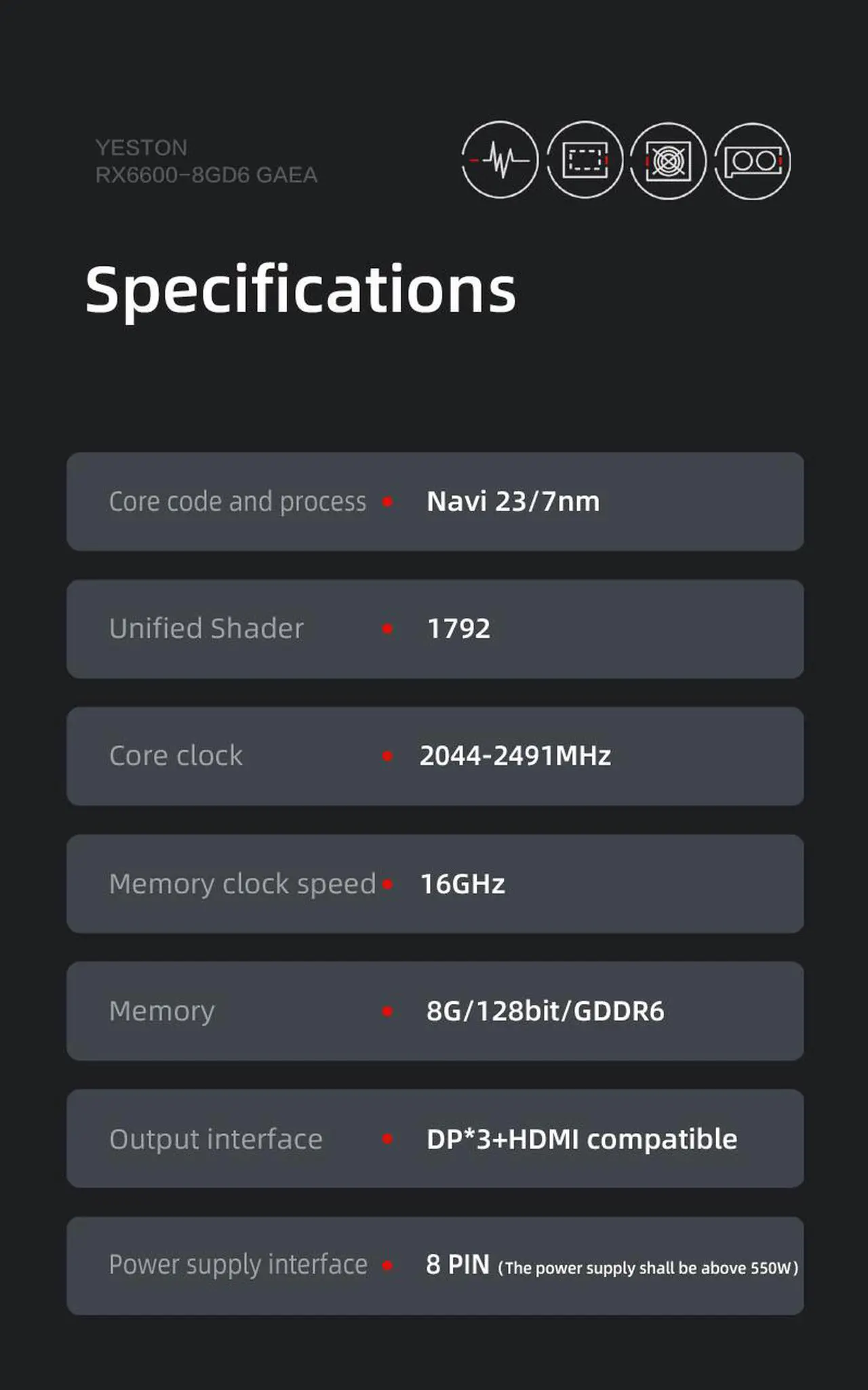 Alt view image 7 of 7 - Yeston Radeon RX 6600 8GB D6 GDDR6 128bit 7nm Desktop computer PC Video Graphics Cards support PCI-Express 4.0 video cards 3*DP+1*HDMI-compatible  graphics card