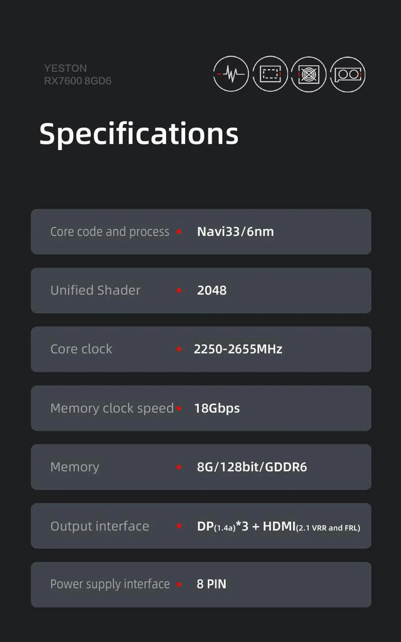 Alt view image 6 of 6 - Yeston Radeon RX 7600 8GD6 GDDR6 128bit video cards Desktop computer PC Video Graphics Cards support PCI-Express 4.0 3*DP+1*HDMI-compatible  graphics card 8GB Double Fans