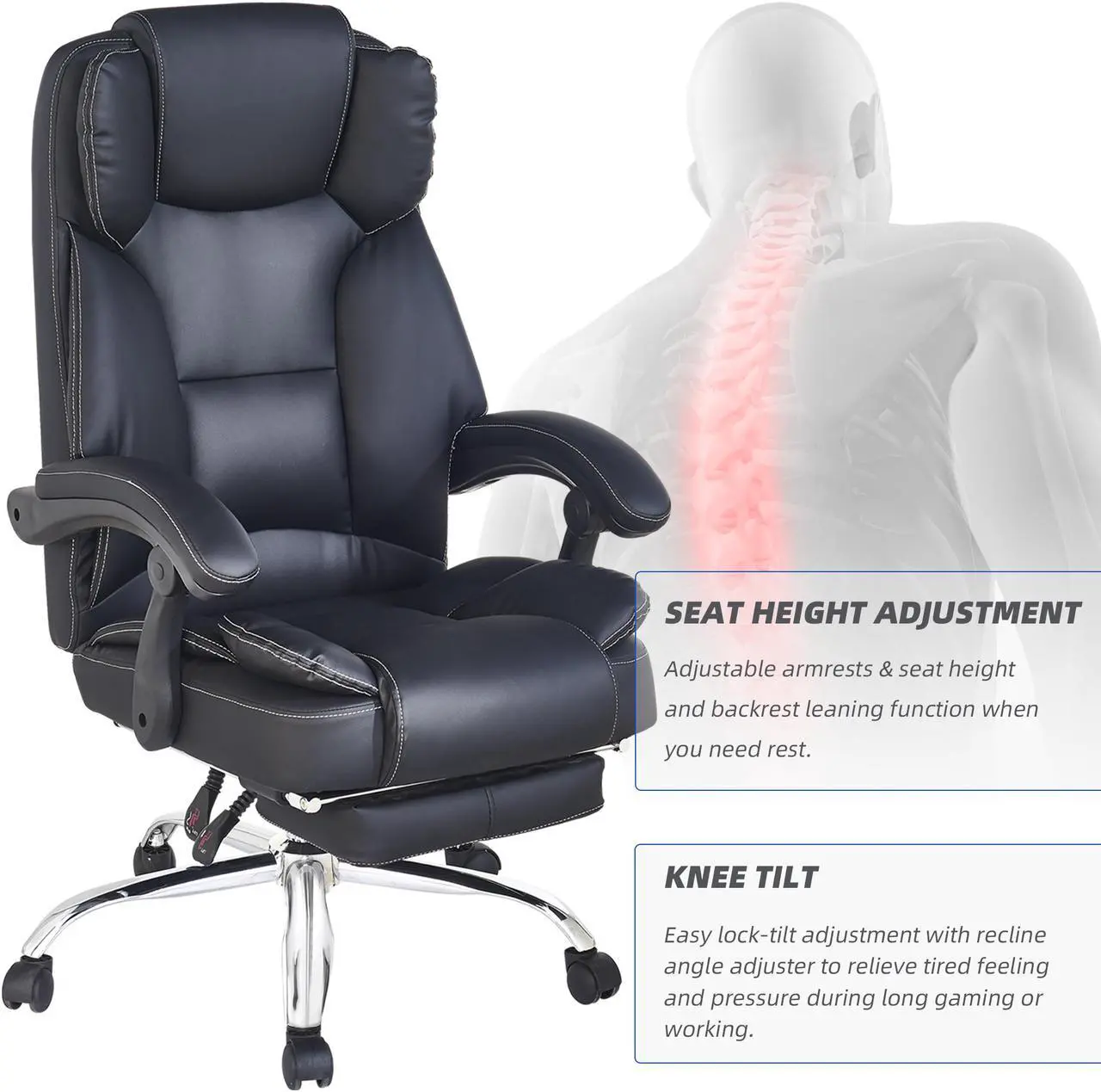Alt view image 5 of 8 - Massage Office Chair with Footrest and Executive Office Chair,Ergonomic Office Desk Chair and PU Leather Office Chair,Computer Desk Chair,Adjustable Height/Tilt (Black)