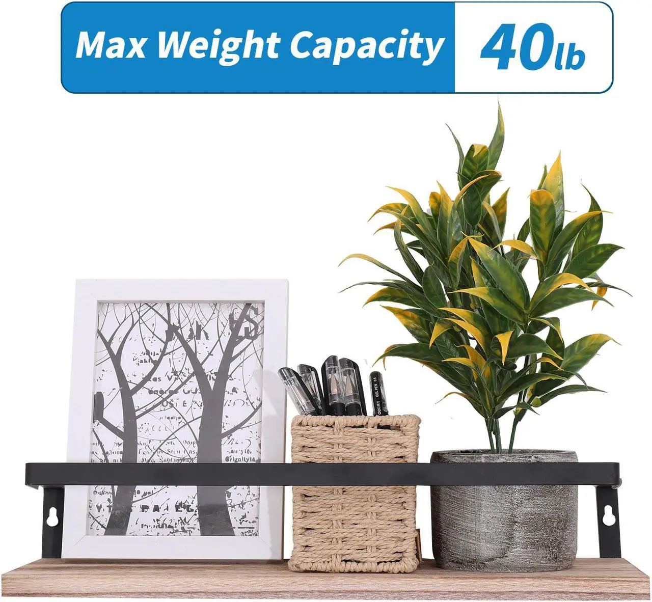Alt view image 2 of 6 - A Set of 2 Wall Mounted Floating Shelves, with Towel Rack and 8 Extra Hooks, Suitable for Bedroom, Living Room, Bathroom, Kitchen, Office and More Brown