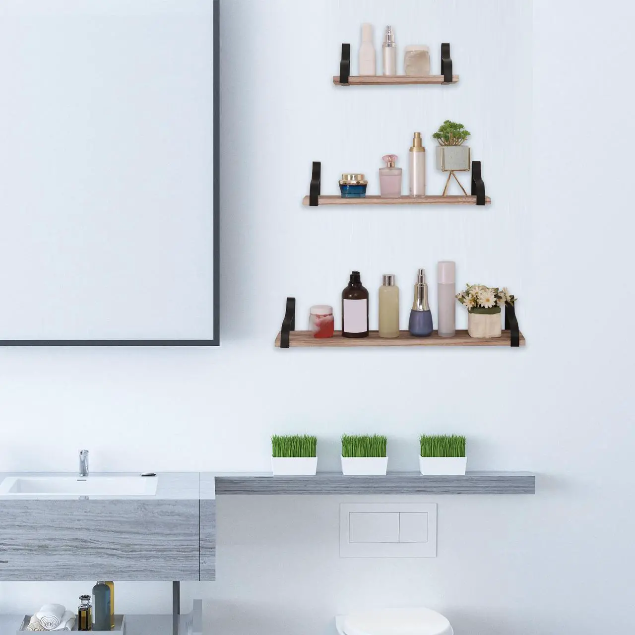Alt view image 4 of 7 - Floating Shelves Wall Mounted Set of 3 Wall Storage Shelves Display Rack for Bedroom, Living Room, Bathroom, Kitchen, Office and More
