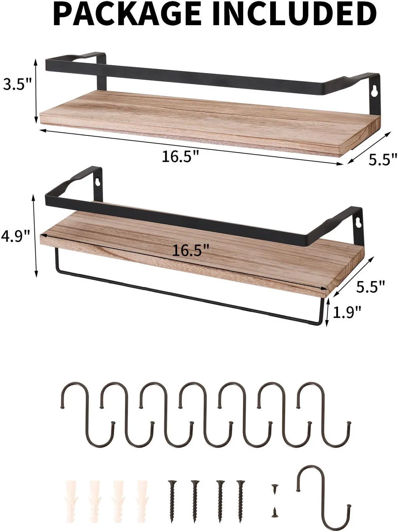 Alt view image 6 of 6 - A Set of 2 Wall Mounted Floating Shelves, with Towel Rack and 8 Extra Hooks, Suitable for Bedroom, Living Room, Bathroom, Kitchen, Office and More Brown