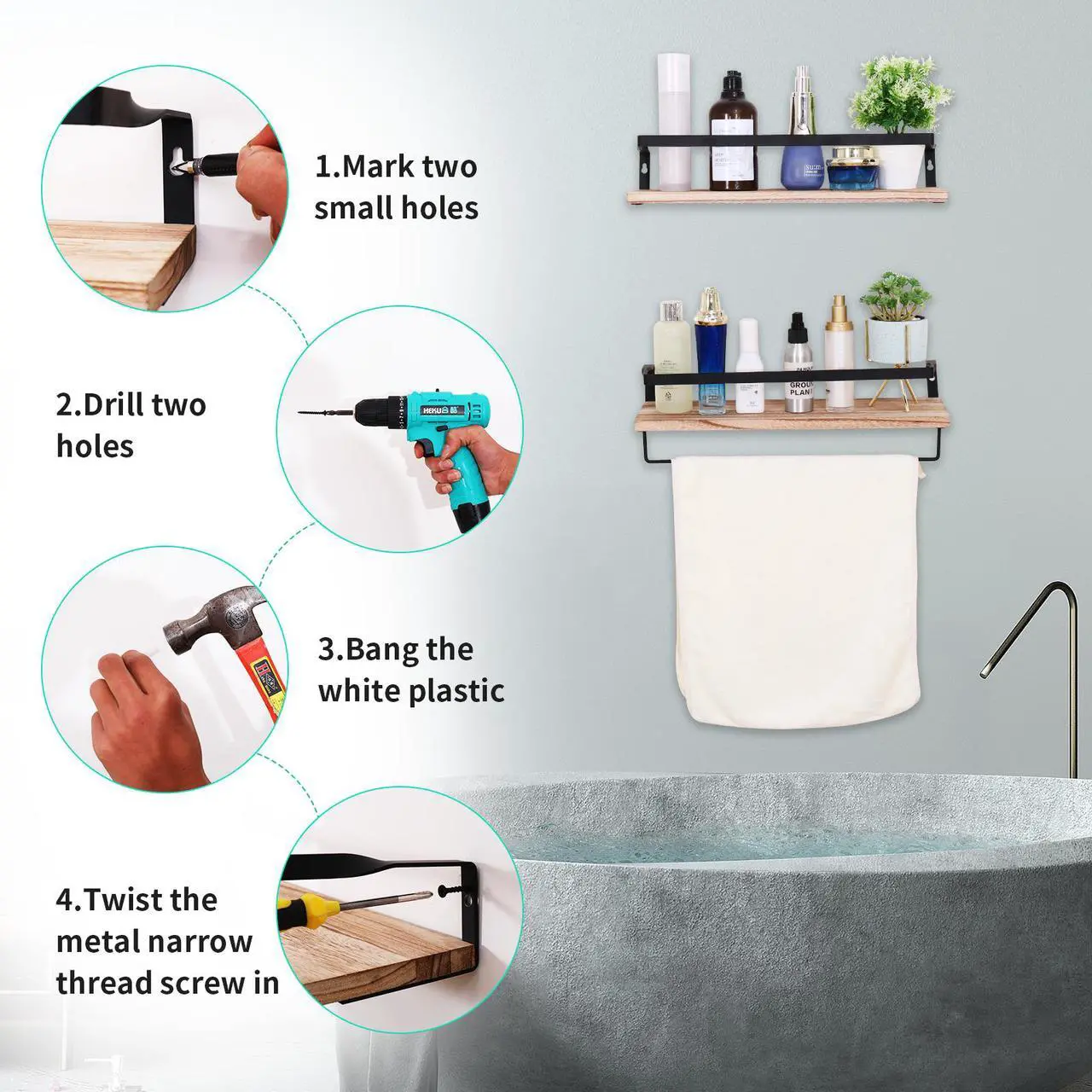 Alt view image 3 of 6 - A Set of 2 Wall Mounted Floating Shelves, with Towel Rack and 8 Extra Hooks, Suitable for Bedroom, Living Room, Bathroom, Kitchen, Office and More Brown