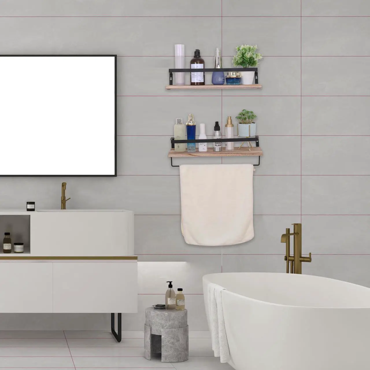 Alt view image 4 of 6 - A Set of 2 Wall Mounted Floating Shelves, with Towel Rack and 8 Extra Hooks, Suitable for Bedroom, Living Room, Bathroom, Kitchen, Office and More Brown