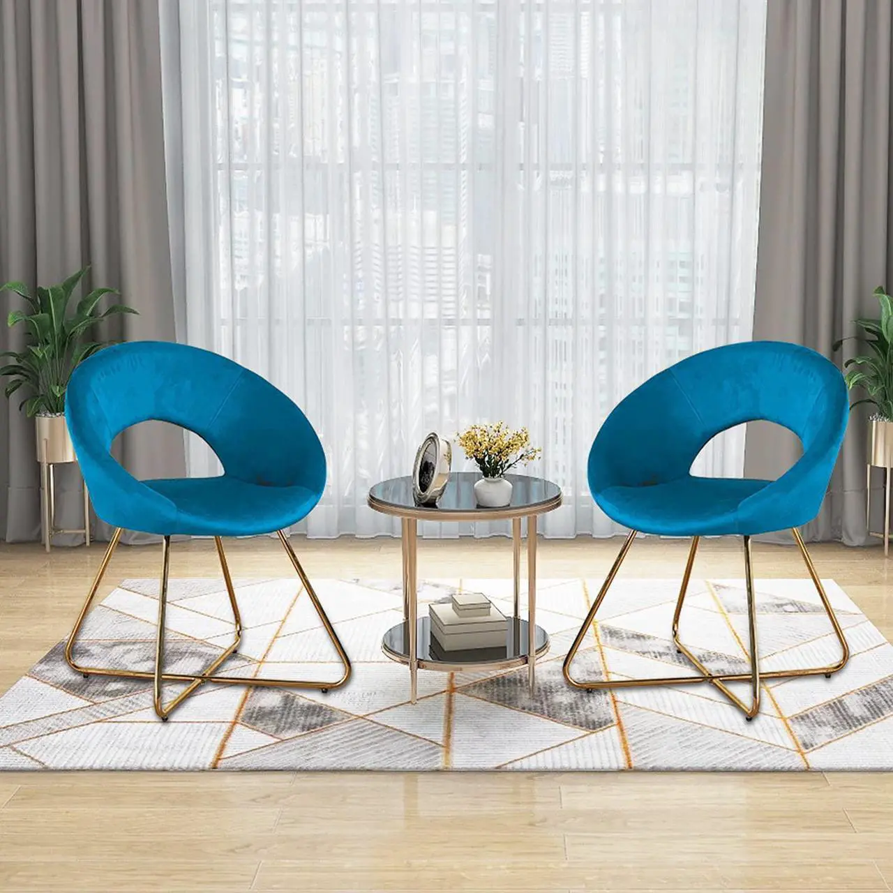 Alt view image 2 of 6 - Modern Accent Velvet Chairs Living Room Chairs Set of 2, Dining Chairs Single Sofa Comfy Upholstered Arm Chair Mid Century Leisure Lounge Chairs with Golden Legs Blue