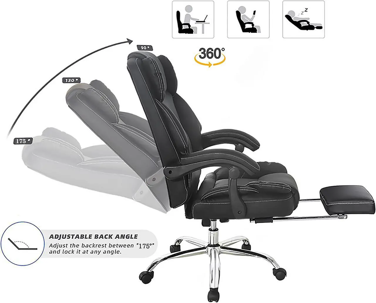 Alt view image 4 of 8 - Massage Office Chair with Footrest and Executive Office Chair,Ergonomic Office Desk Chair and PU Leather Office Chair,Computer Desk Chair,Adjustable Height/Tilt (Black)