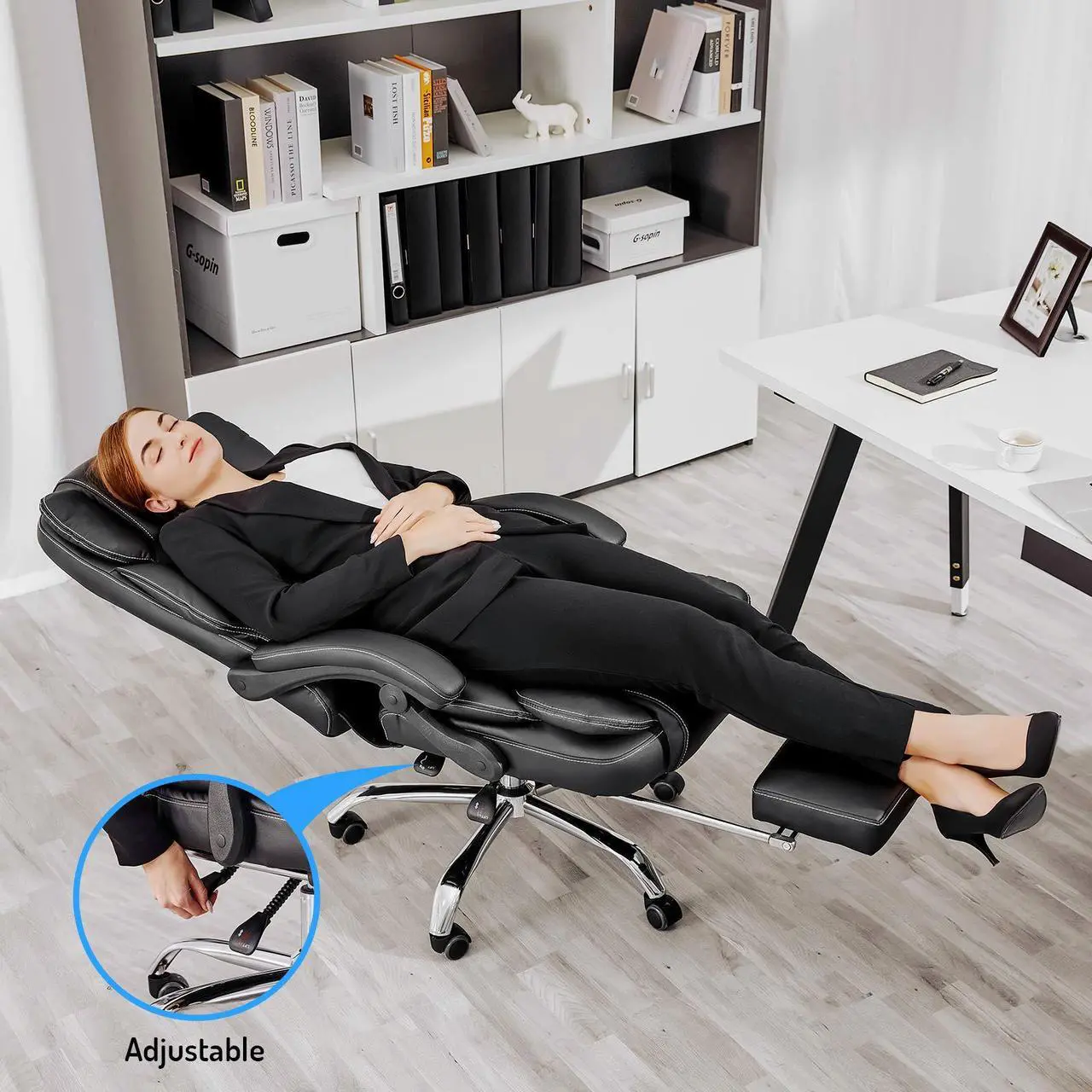 Alt view image 7 of 8 - Massage Office Chair with Footrest and Executive Office Chair,Ergonomic Office Desk Chair and PU Leather Office Chair,Computer Desk Chair,Adjustable Height/Tilt (Black)