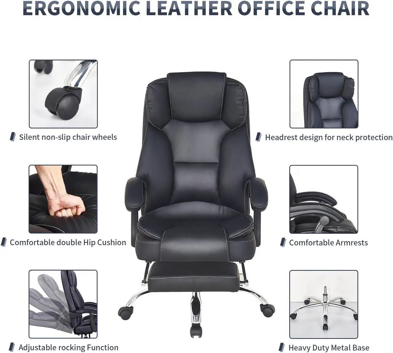 Alt view image 6 of 8 - Massage Office Chair with Footrest and Executive Office Chair,Ergonomic Office Desk Chair and PU Leather Office Chair,Computer Desk Chair,Adjustable Height/Tilt (Black)