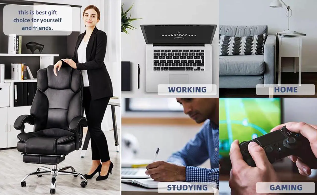 Alt view image 2 of 8 - Massage Office Chair with Footrest and Executive Office Chair,Ergonomic Office Desk Chair and PU Leather Office Chair,Computer Desk Chair,Adjustable Height/Tilt (Black)