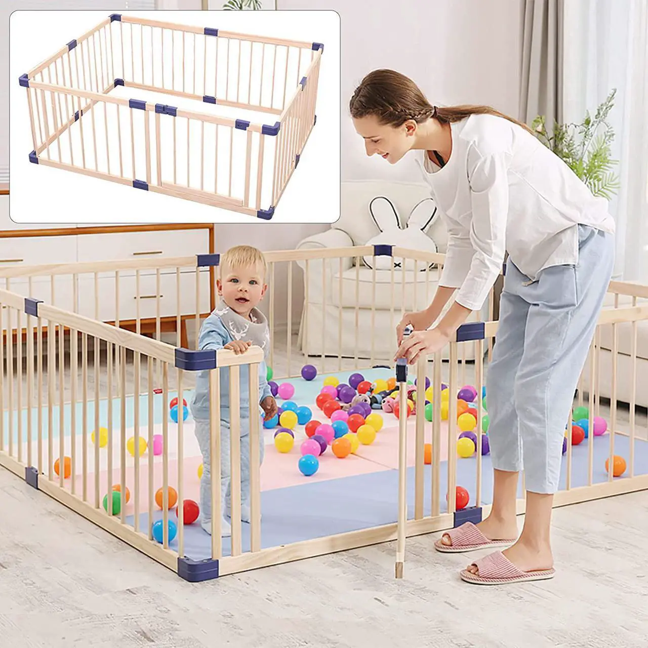 Main image of Baby Playpen Kids Fence with Safety Gate, Safety and Anti-Drop Function, Activity Play Center, Safety Play Yard Indoor Outdoor Pure Wooden Baby Playpen