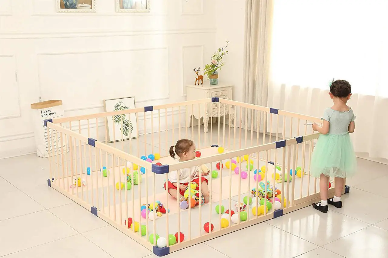 Alt view image 2 of 7 - Baby Playpen Kids Fence with Safety Gate, Safety and Anti-Drop Function, Activity Play Center, Safety Play Yard Indoor Outdoor Pure Wooden Baby Playpen
