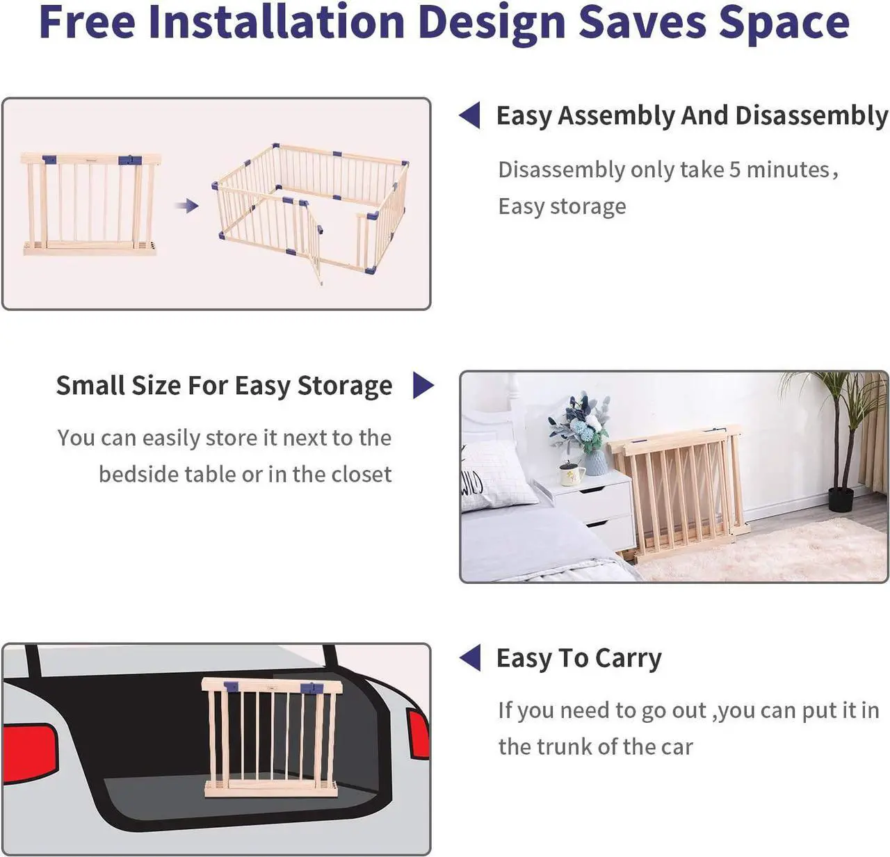 Alt view image 5 of 7 - Baby Playpen Kids Fence with Safety Gate, Safety and Anti-Drop Function, Activity Play Center, Safety Play Yard Indoor Outdoor Pure Wooden Baby Playpen