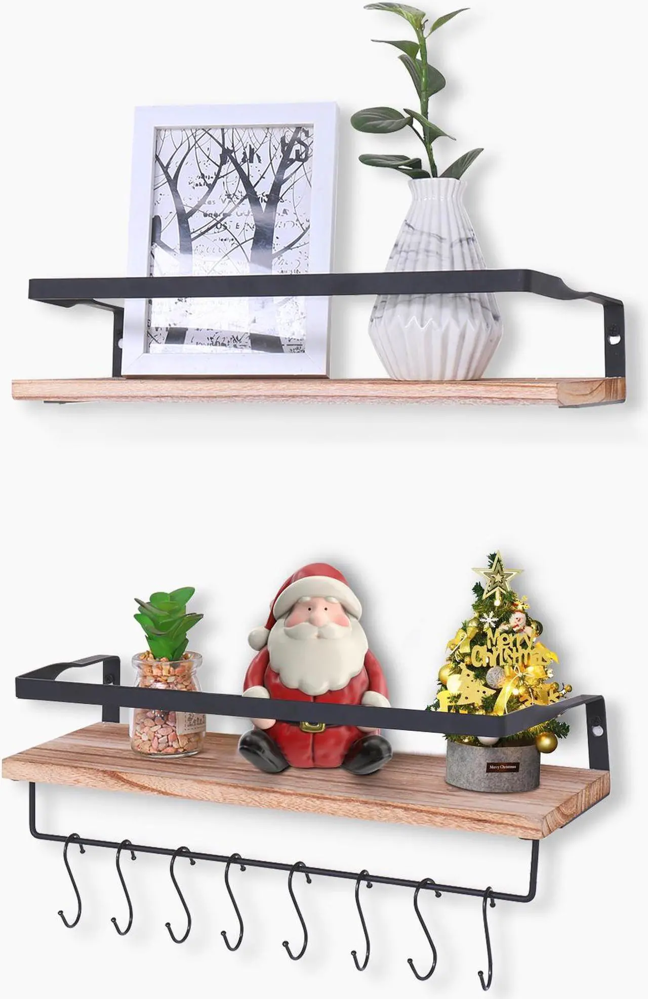 Main image of A Set of 2 Wall Mounted Floating Shelves, with Towel Rack and 8 Extra Hooks, Suitable for Bedroom, Living Room, Bathroom, Kitchen, Office and More Brown