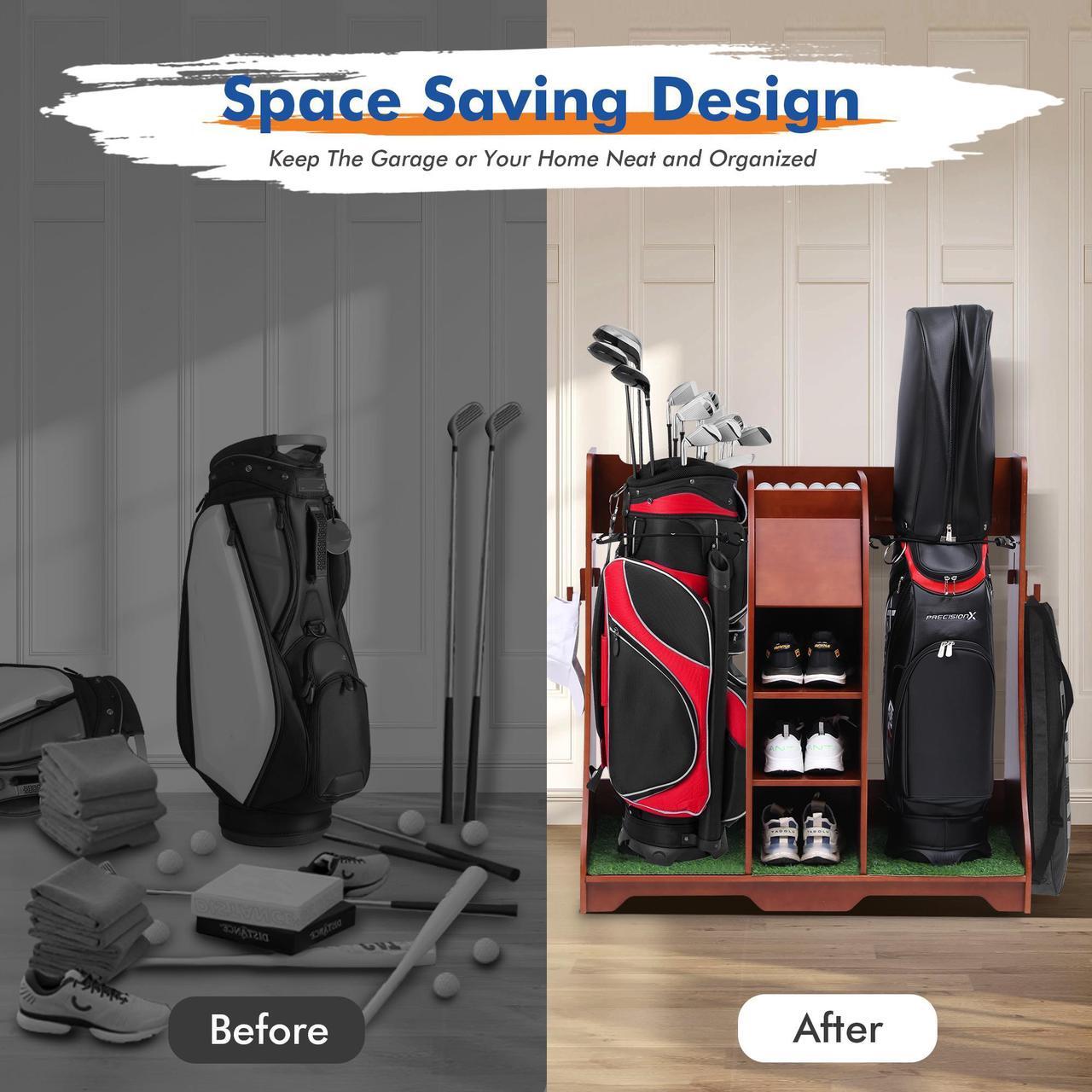 Alt view image 2 of 7 - LUGANG Land Port Xu Golf Bag Organizer, Premium Wooden Golf Storage Rack, Stylish Golf Bag Storage Rack, Golf Equipment Organizer for Garage, Indoor Spaces and More, Holds 2 Golf Bags REDDISHBROWN