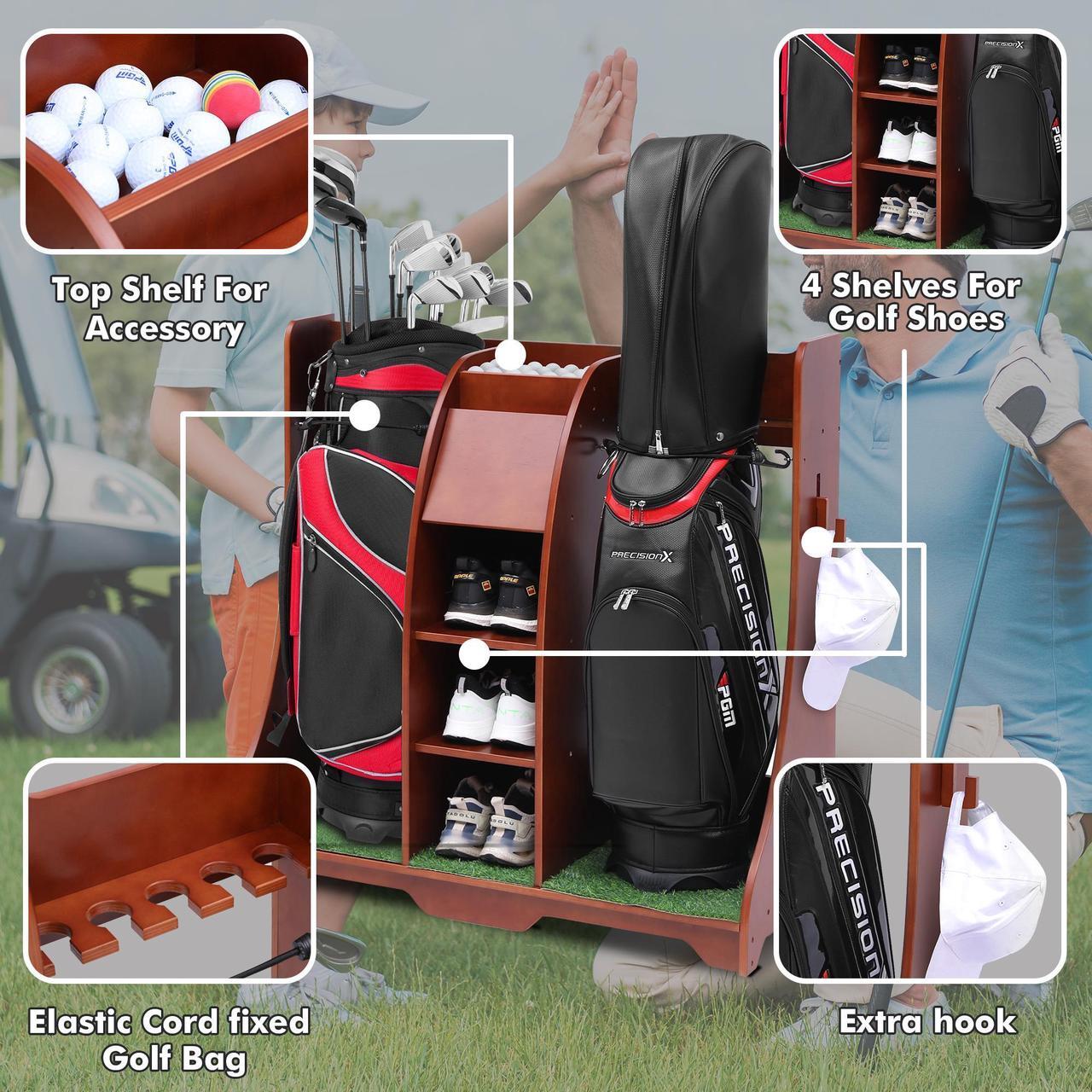 Alt view image 3 of 7 - LUGANG Land Port Xu Golf Bag Organizer, Premium Wooden Golf Storage Rack, Stylish Golf Bag Storage Rack, Golf Equipment Organizer for Garage, Indoor Spaces and More, Holds 2 Golf Bags REDDISHBROWN