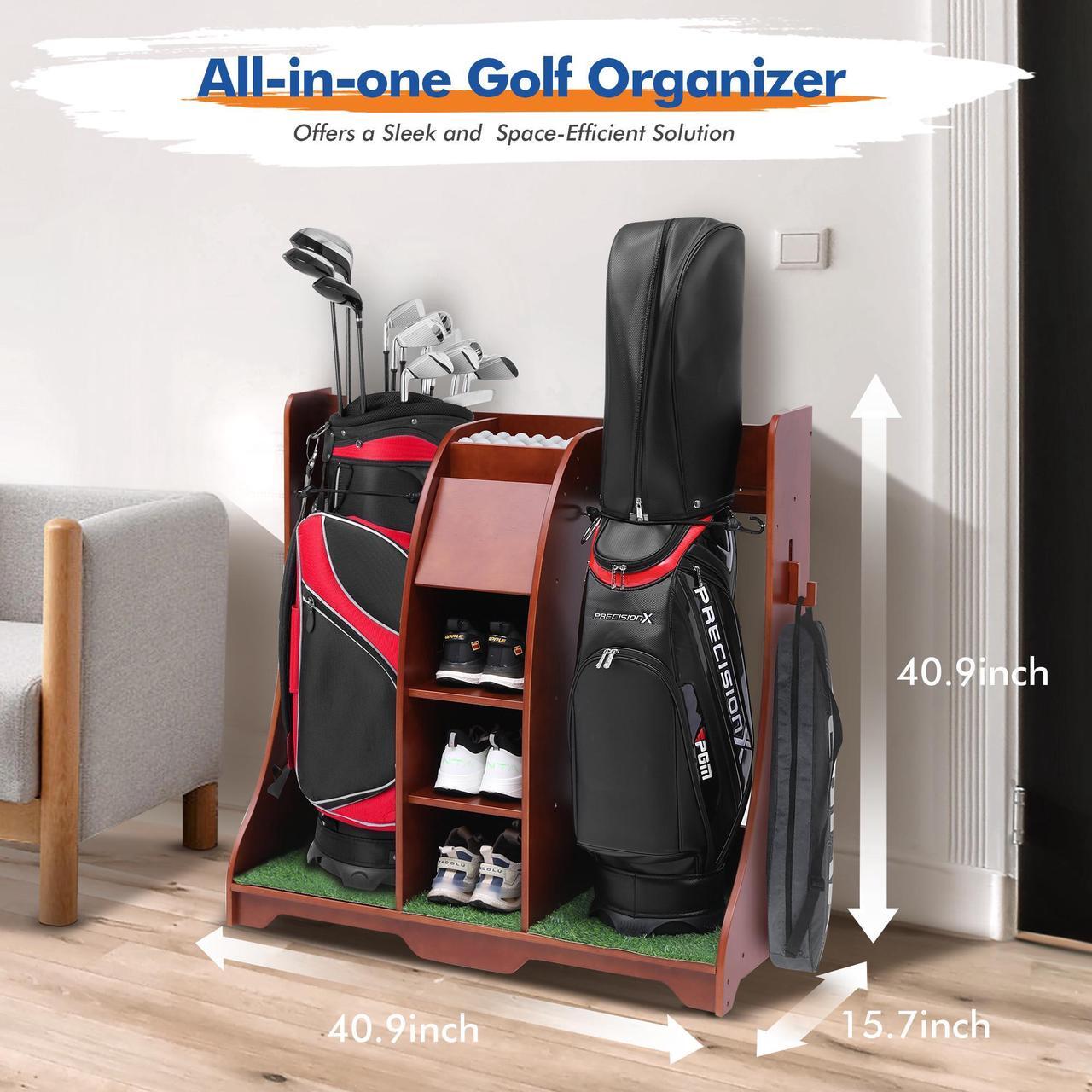 Alt view image 4 of 7 - LUGANG Land Port Xu Golf Bag Organizer, Premium Wooden Golf Storage Rack, Stylish Golf Bag Storage Rack, Golf Equipment Organizer for Garage, Indoor Spaces and More, Holds 2 Golf Bags REDDISHBROWN