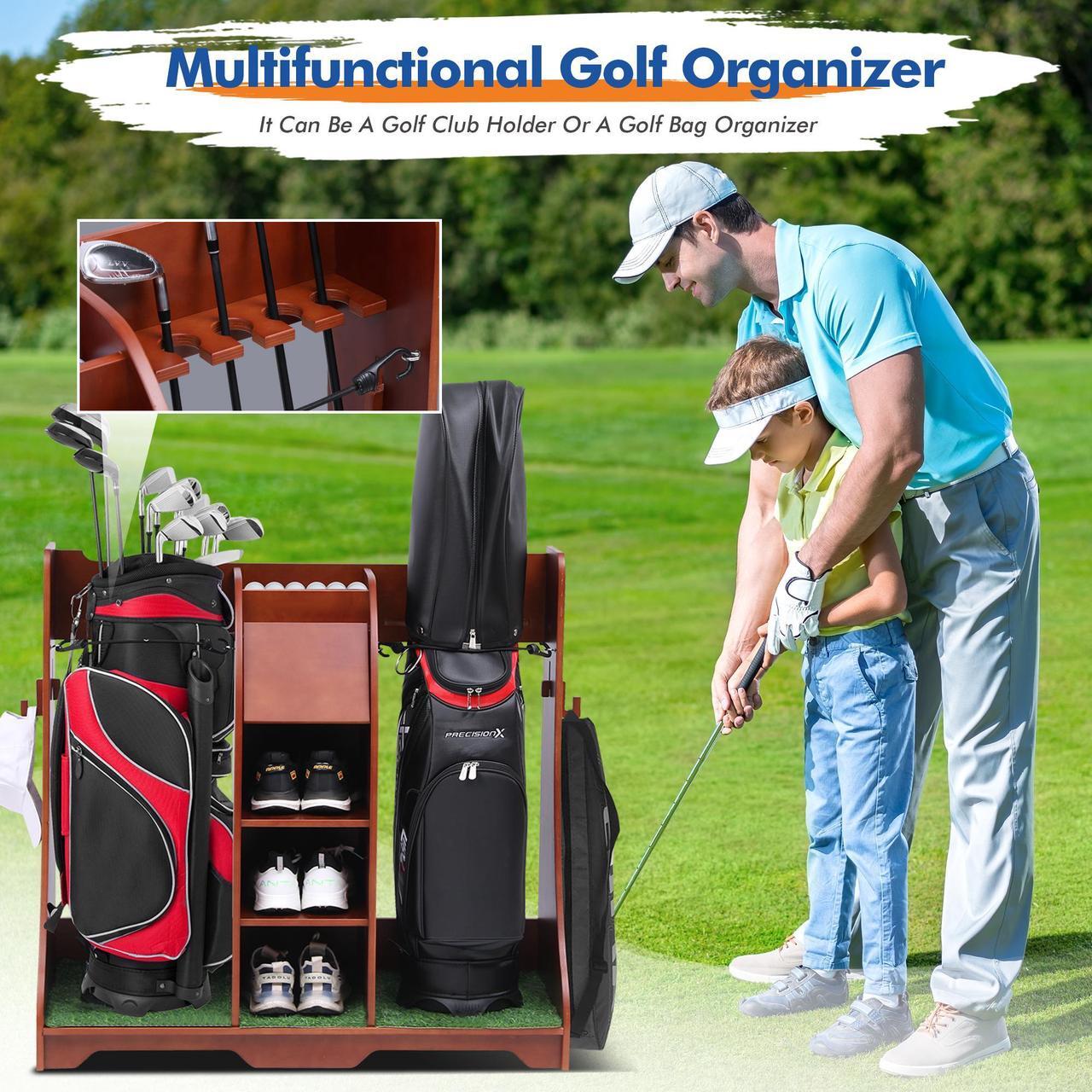 Alt view image 5 of 7 - LUGANG Land Port Xu Golf Bag Organizer, Premium Wooden Golf Storage Rack, Stylish Golf Bag Storage Rack, Golf Equipment Organizer for Garage, Indoor Spaces and More, Holds 2 Golf Bags REDDISHBROWN