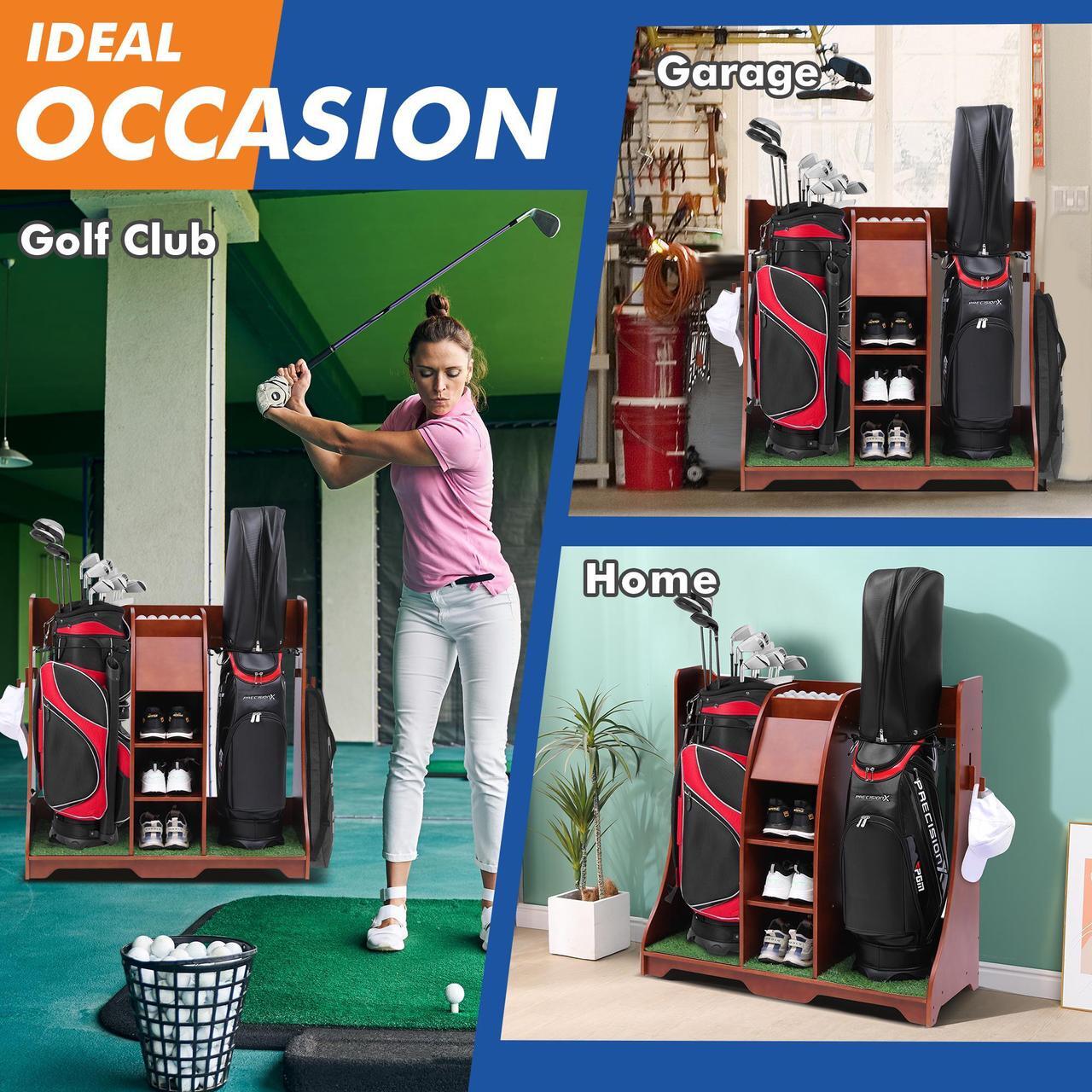 Alt view image 6 of 7 - LUGANG Land Port Xu Golf Bag Organizer, Premium Wooden Golf Storage Rack, Stylish Golf Bag Storage Rack, Golf Equipment Organizer for Garage, Indoor Spaces and More, Holds 2 Golf Bags REDDISHBROWN