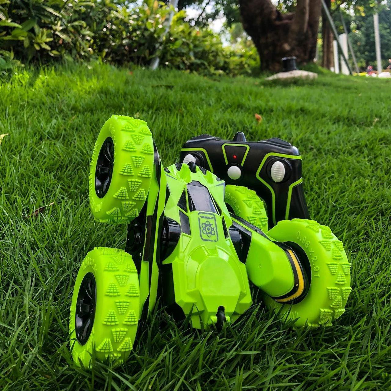 Alt view image 6 of 7 - Threeking RC Stunt Cars Remote Control Car Double-Sided Driving 360-degree Flips Rotating Car Toy, Green