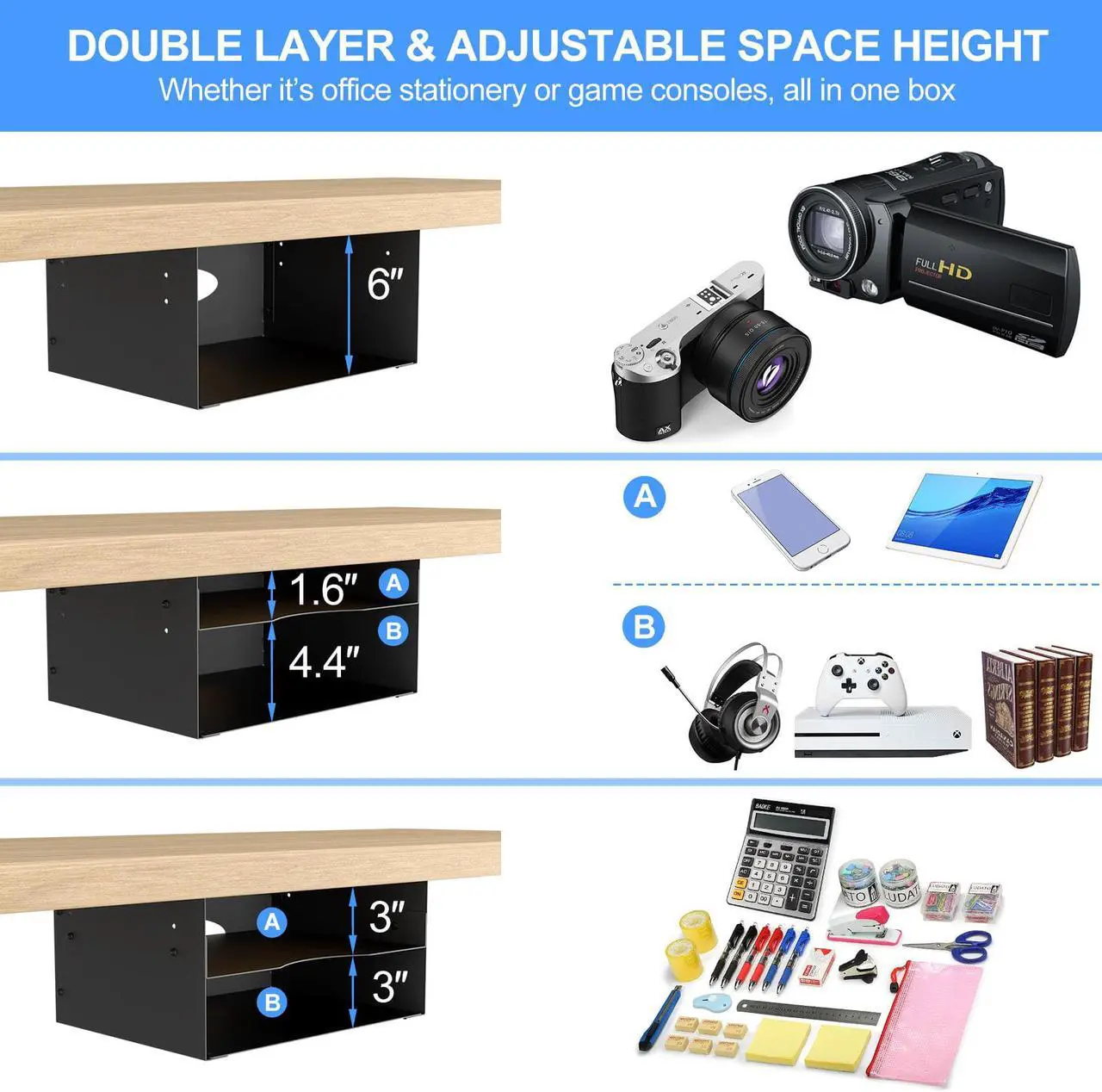 Alt view image 4 of 7 - Under desk storage Metal Shelf Double Layer Design with Adjustable Tray organizer drawer with Big Hole in the back for Stand Up Desks Office Desks Workstations Tv Stand