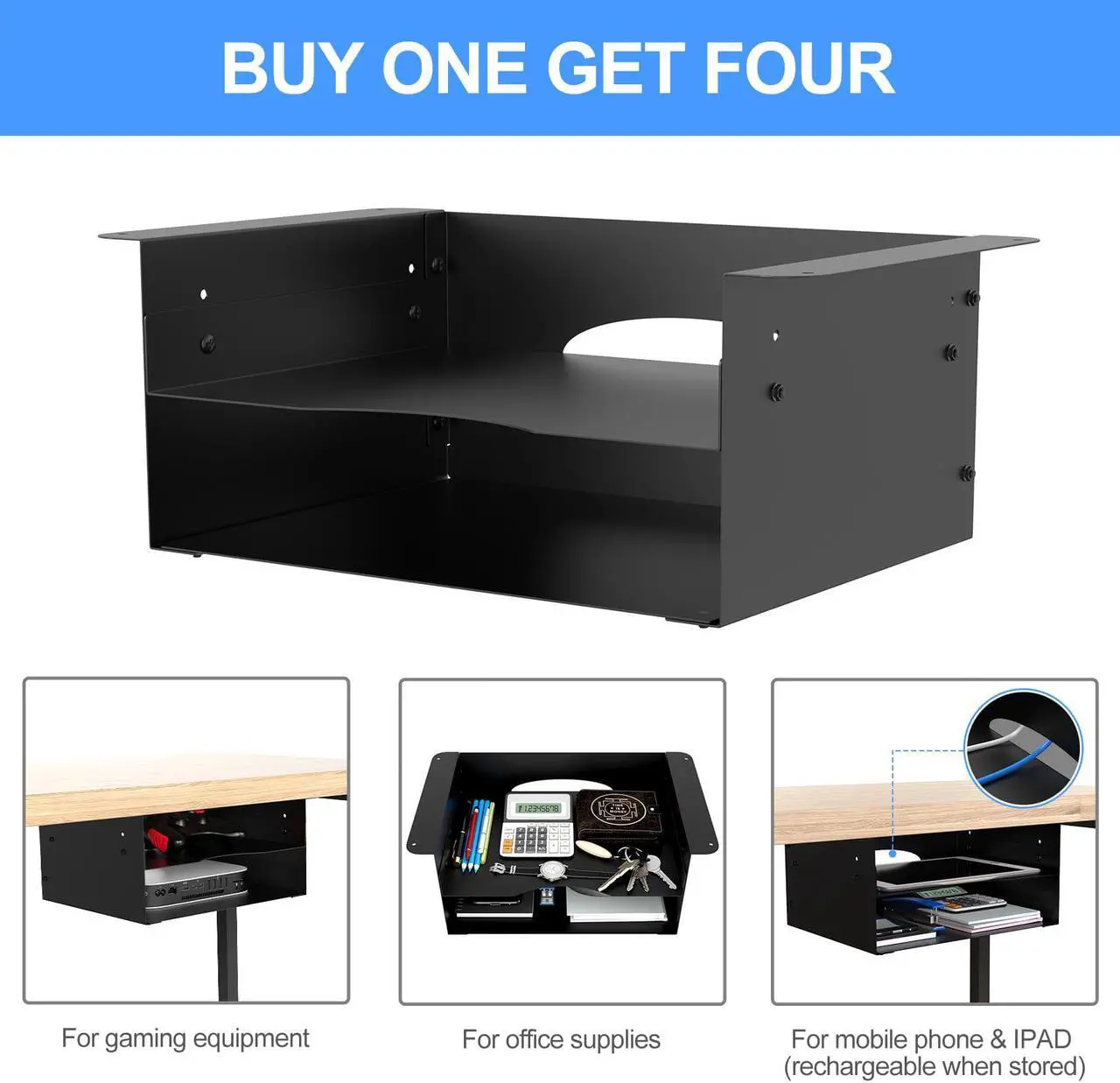 Alt view image 5 of 7 - Under desk storage Metal Shelf Double Layer Design with Adjustable Tray organizer drawer with Big Hole in the back for Stand Up Desks Office Desks Workstations Tv Stand
