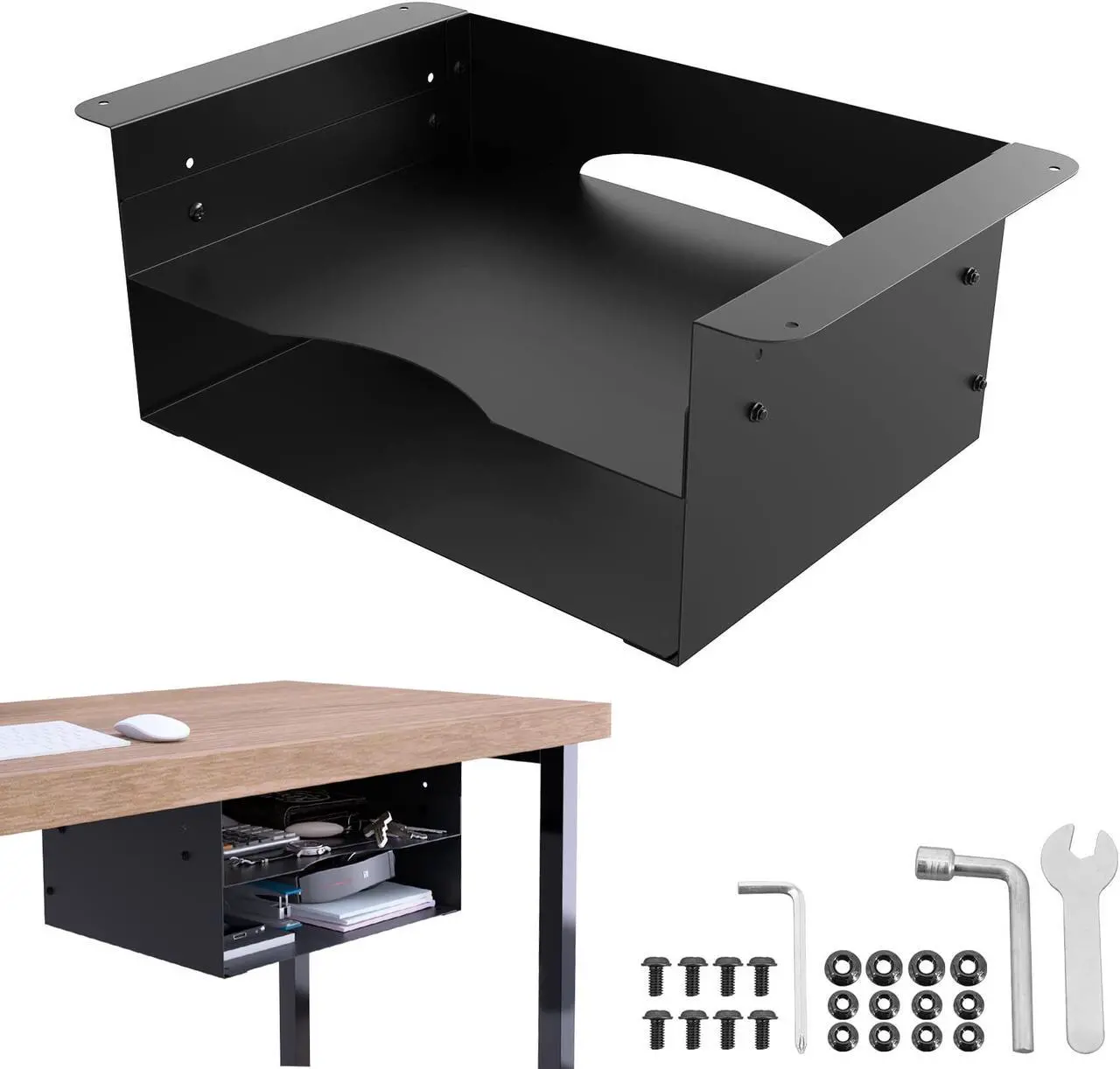 Main image of Under desk storage Metal Shelf Double Layer Design with Adjustable Tray organizer drawer with Big Hole in the back for Stand Up Desks Office Desks Workstations Tv Stand